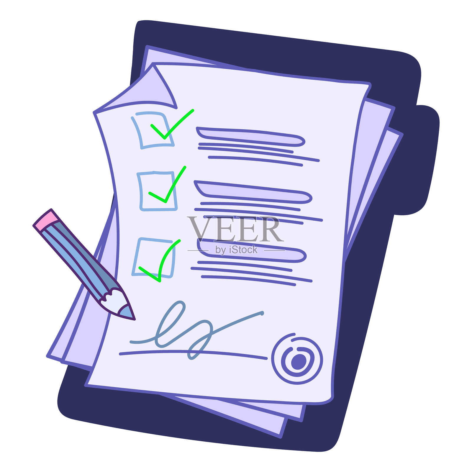 带有印章和签名的合同文件夹,包含摘要文本。商业文件、调查、学校测试。插画图片素材