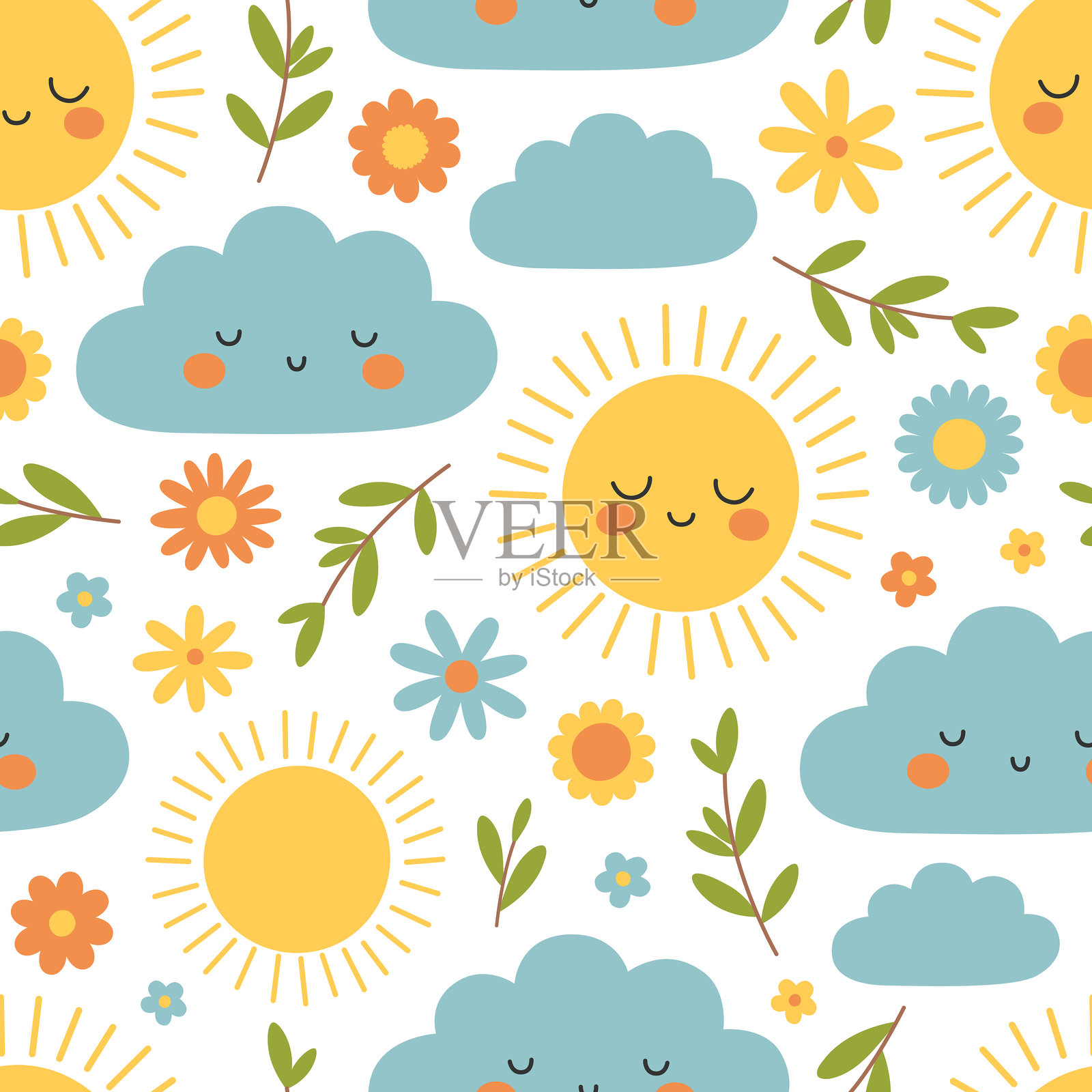 可爱的太阳和云朵、树枝和花朵的无缝图案,背景为白色。阳光明媚的天气。春季或夏季儿童印花。适用于壁纸、纺织品和包装的矢量平面插图。插画图片素材