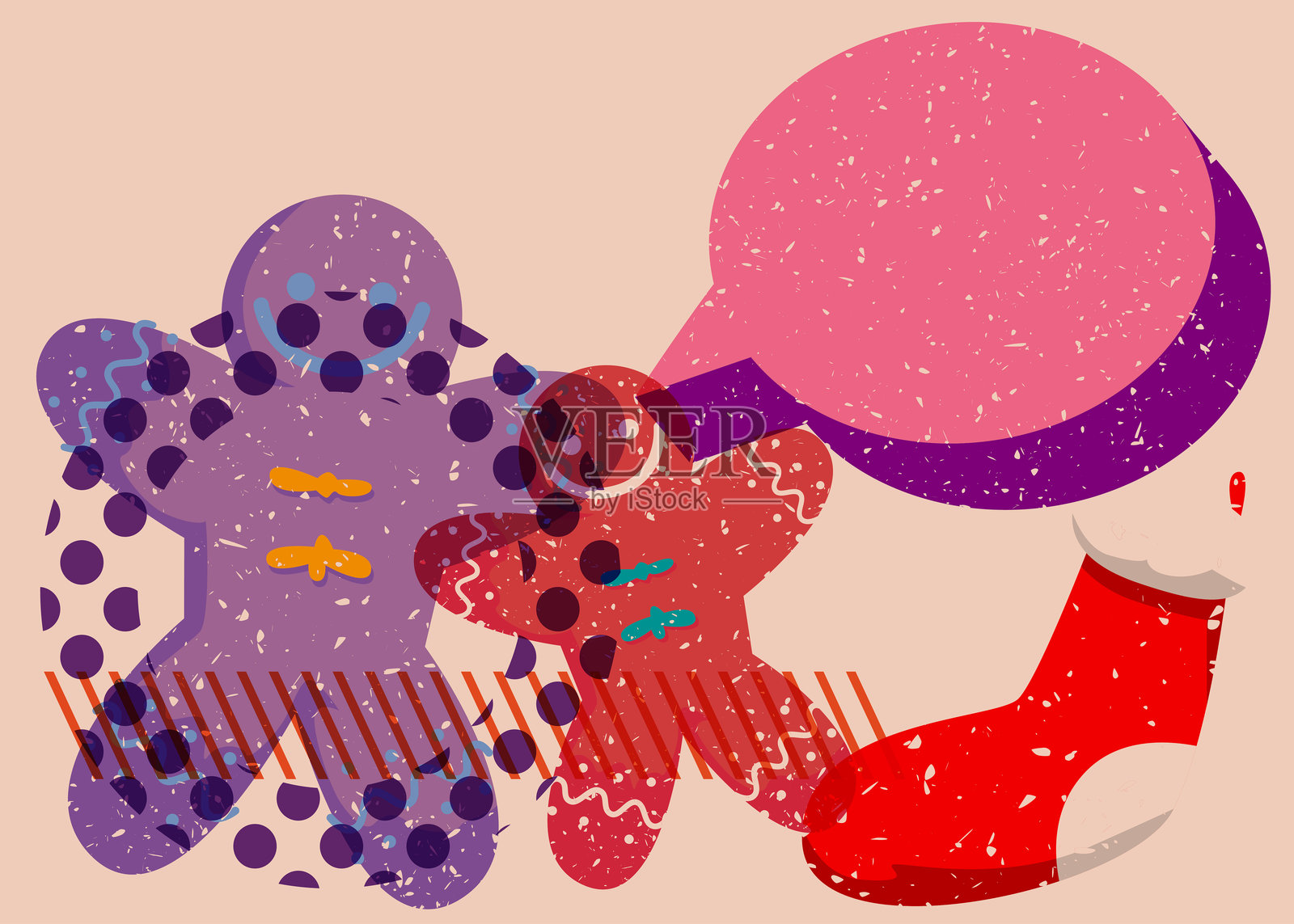 瑞士印刷风格的圣诞袜和姜饼人饼干,带有几何形状的对话气泡。物体采用时尚的瑞士印刷纹理设计,结合几何元素。插画图片素材