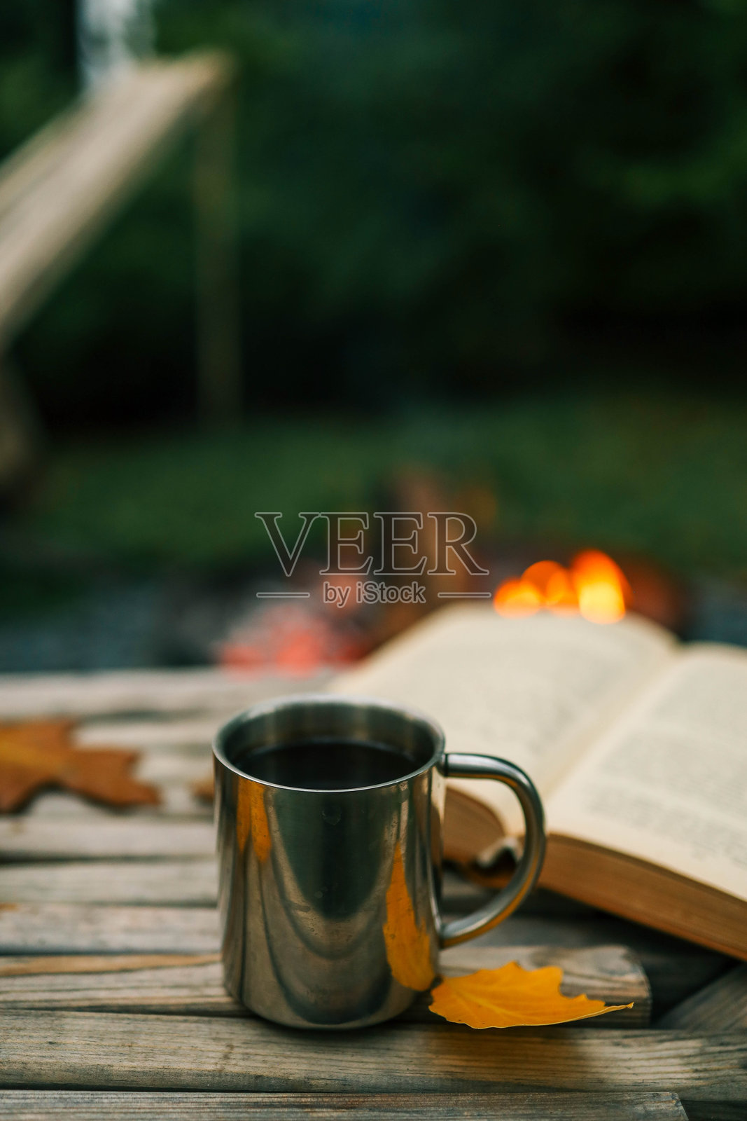 书、保温瓶和火,温馨的秋天照片摄影图片