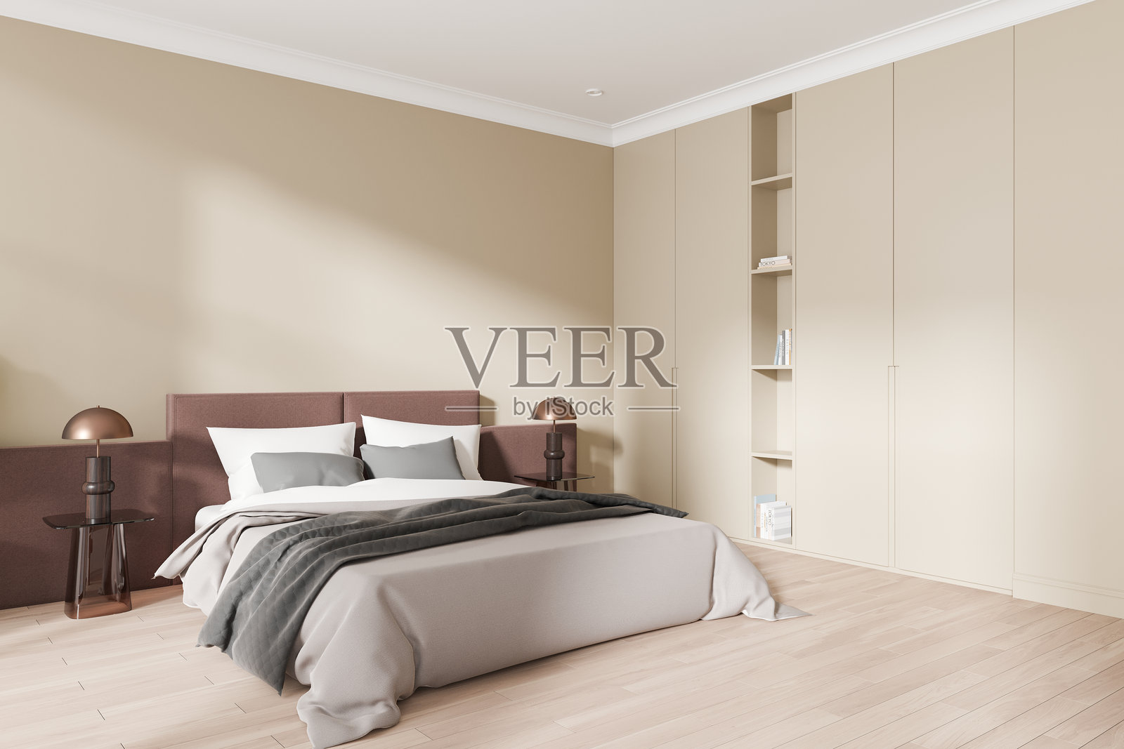 现代卧室室内设计,采用中性色调。3D渲染照片摄影图片