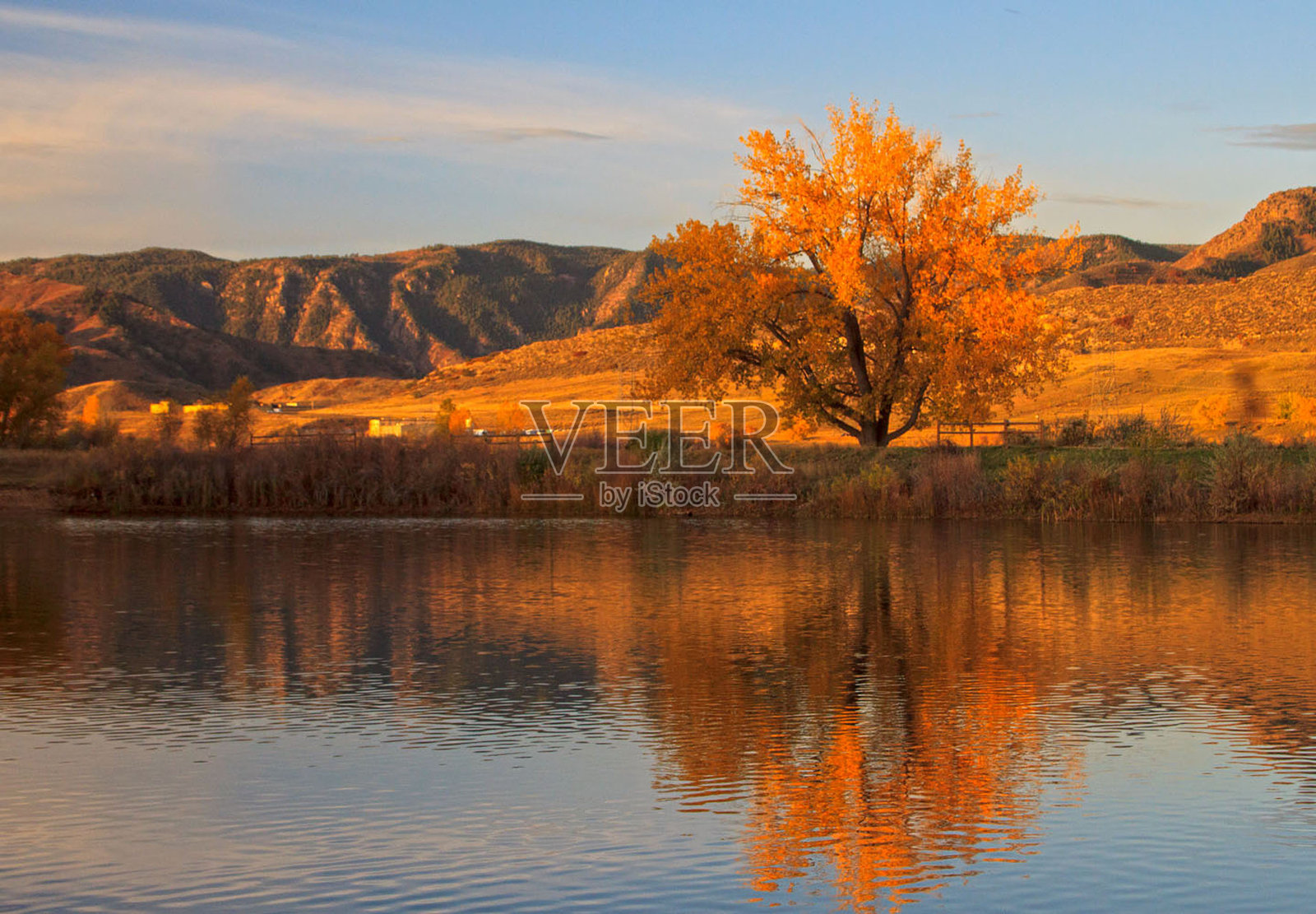 湖边美丽的秋晨照片摄影图片