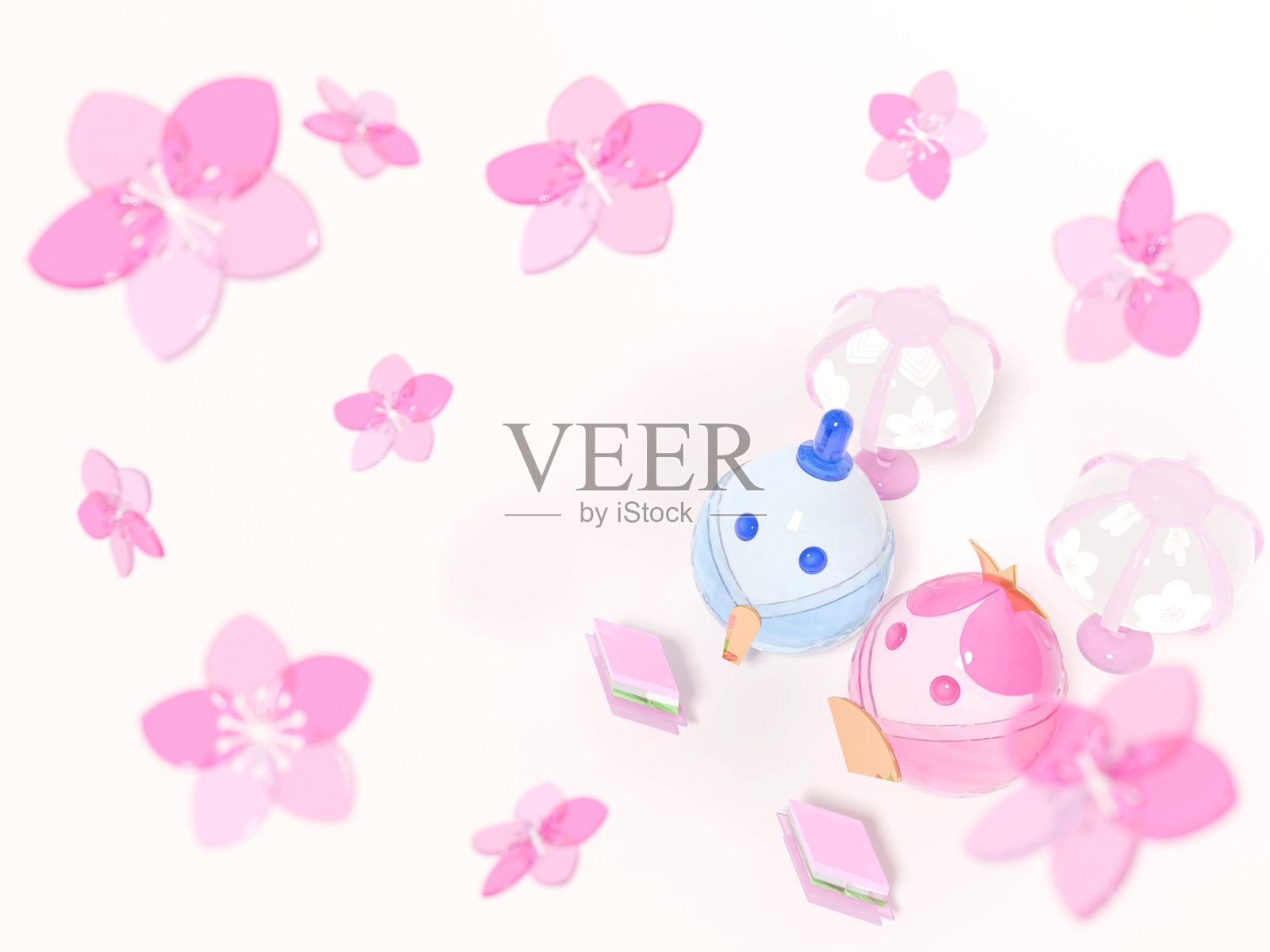 可爱的玻璃皇帝和皇后仰望桃花的3DCG风景照片摄影图片