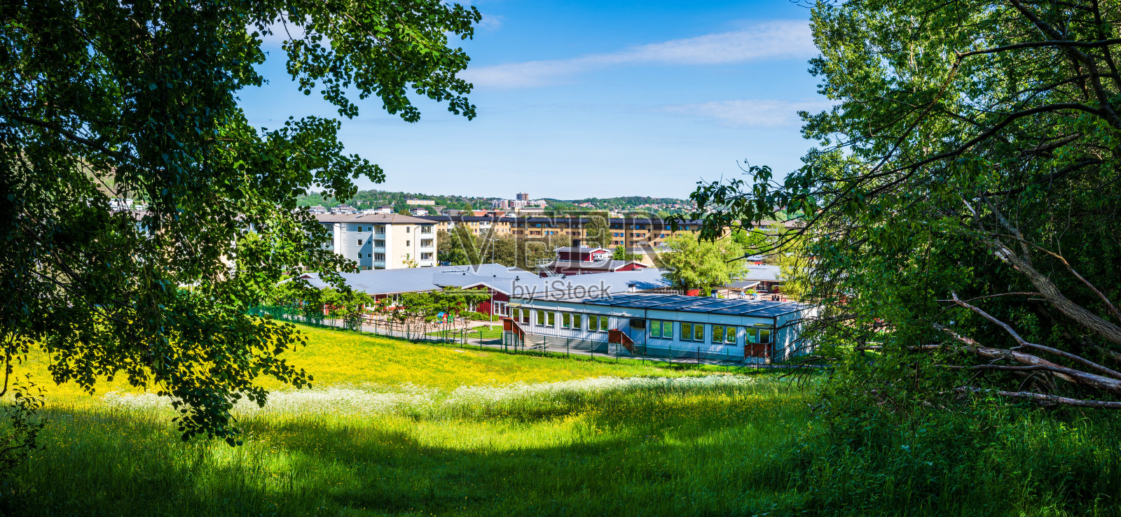 建筑前的树木和田野照片摄影图片