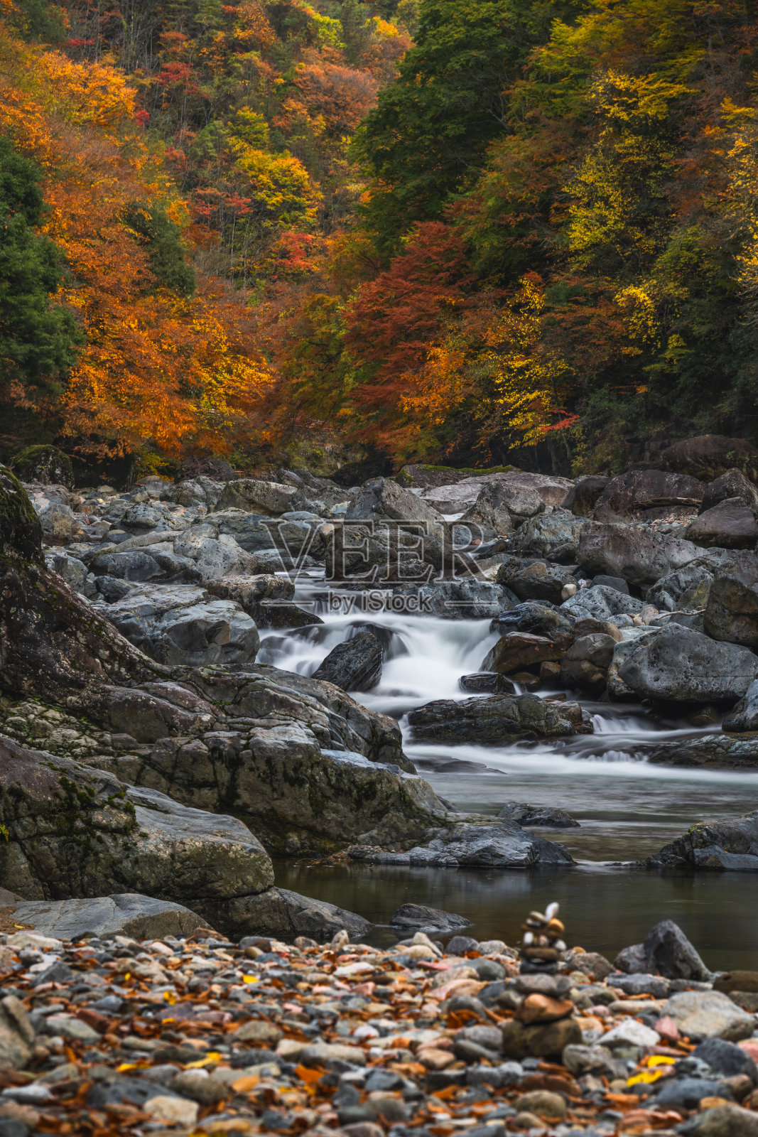 四川省巴中市光雾山风景区的蓝关、莽山的红叶与溪流照片摄影图片