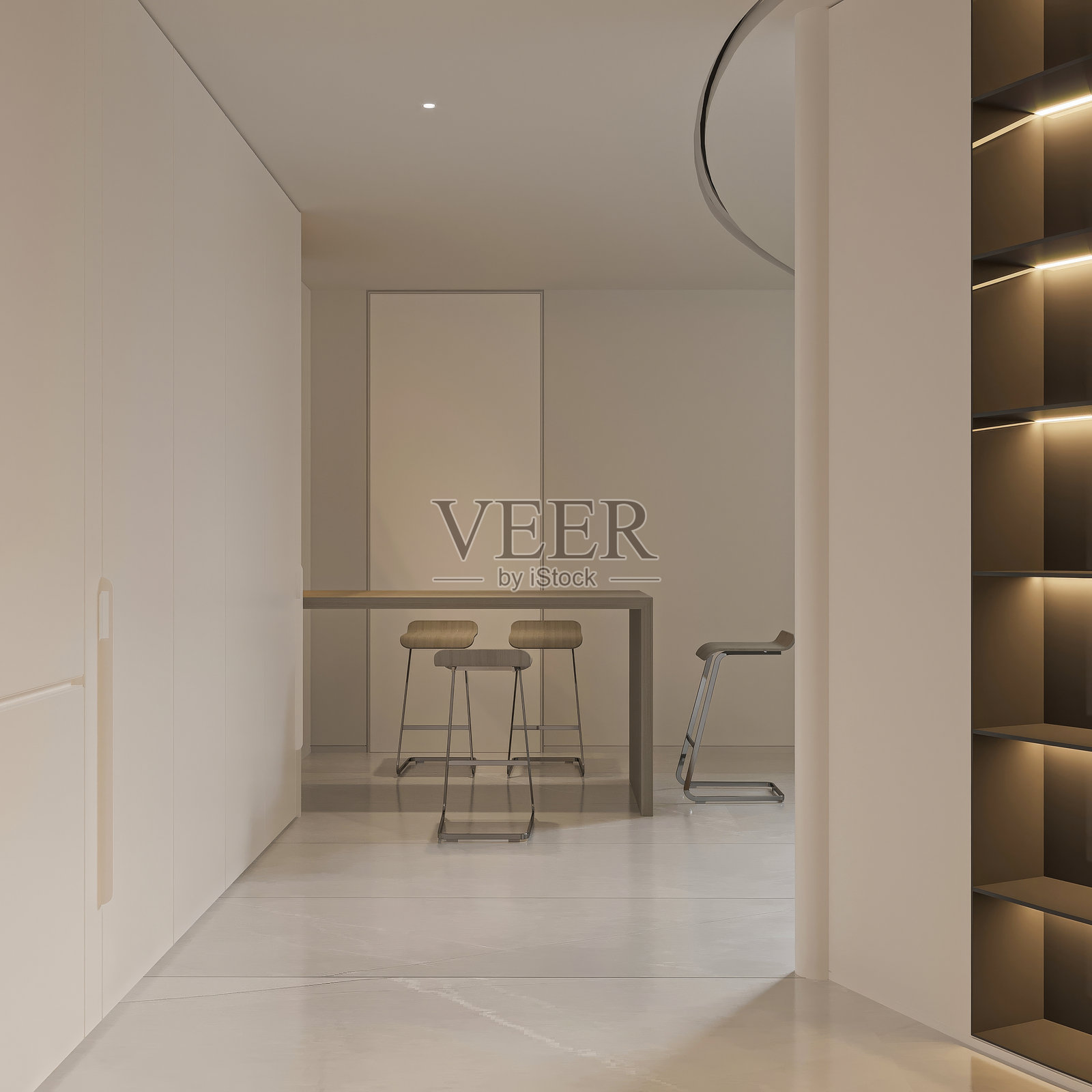 极简主义餐饮区,配有时尚吧椅和氛围灯光照片摄影图片