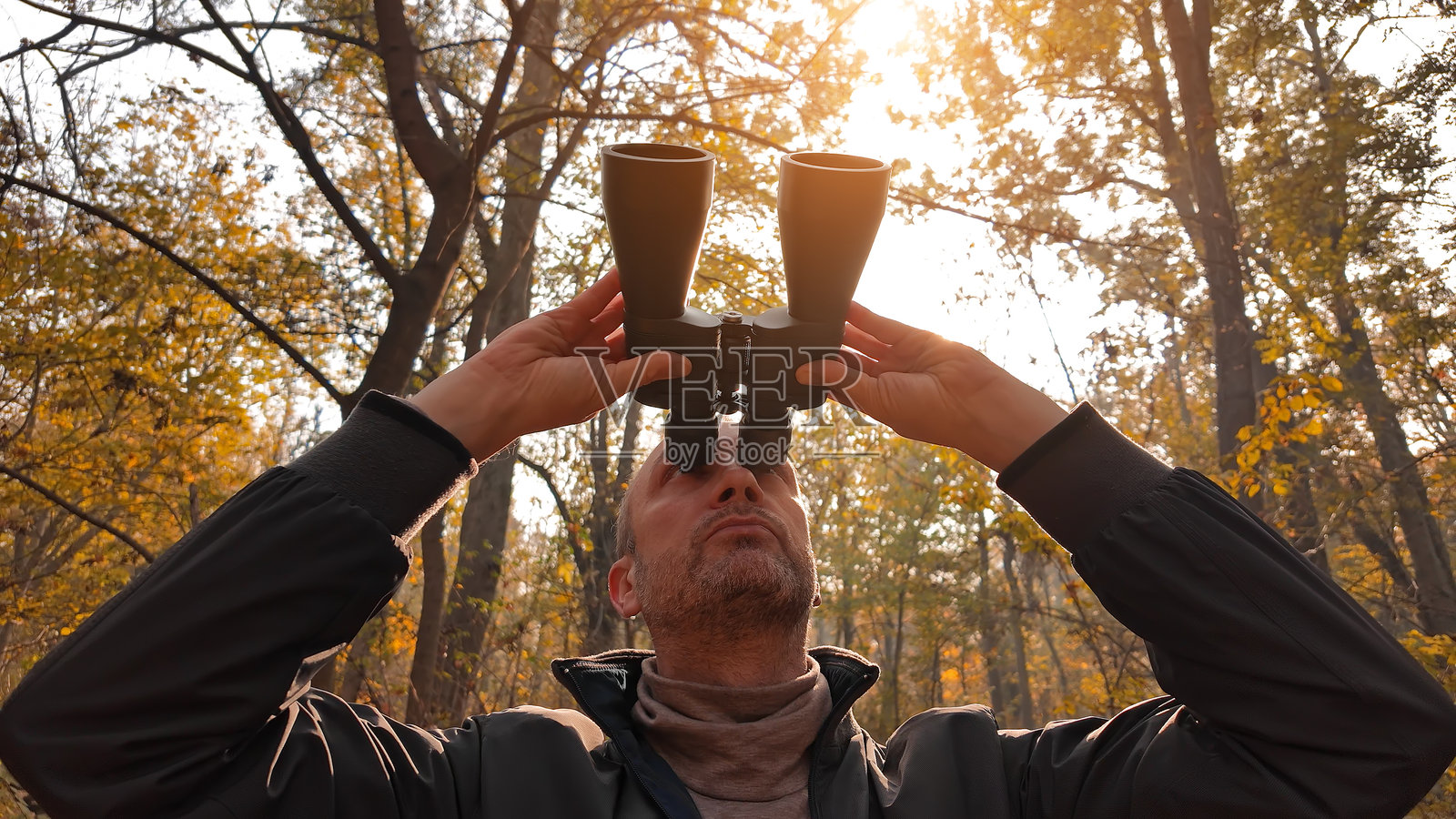 业余鸟类观察者用望远镜观察自然中的鸟类和其他动物。照片摄影图片