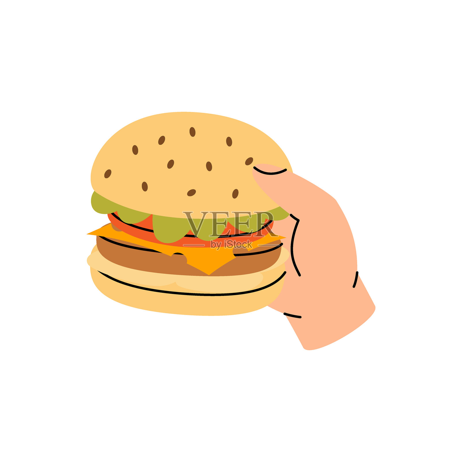 手握汉堡包。传统的美国快餐。矢量插图。插画图片素材