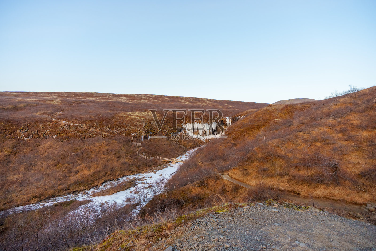 冰岛Hundafoss的步道,旁边是壮观的冰冻冬季瀑布照片摄影图片