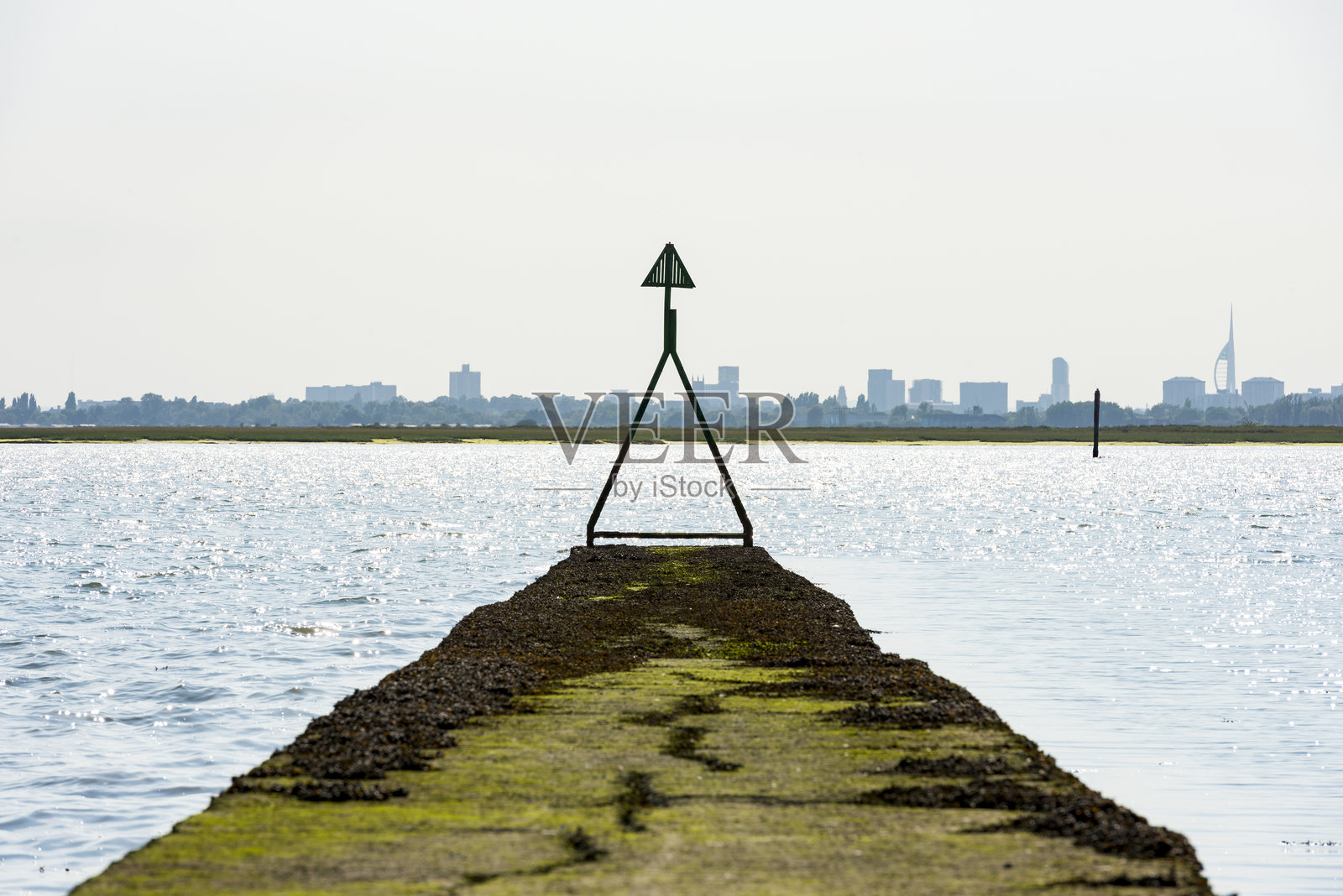 朗斯顿港与远处的朴茨茅斯天际线,混凝土排水管。照片摄影图片