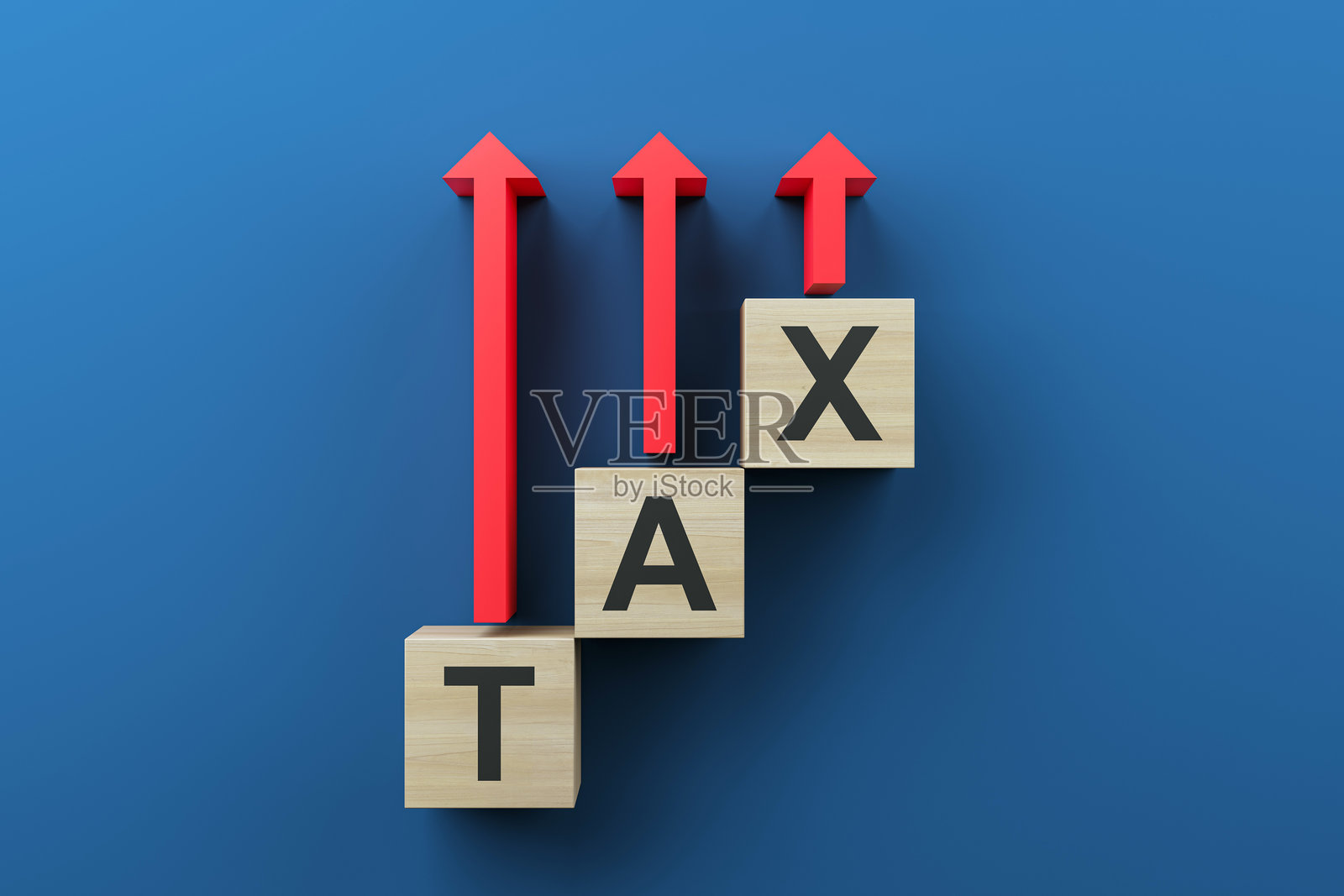 蓝色背景上用红色向上箭头拼写的木制立方体“TAX”,象征着经济增长和金融概念。3D渲染。照片摄影图片