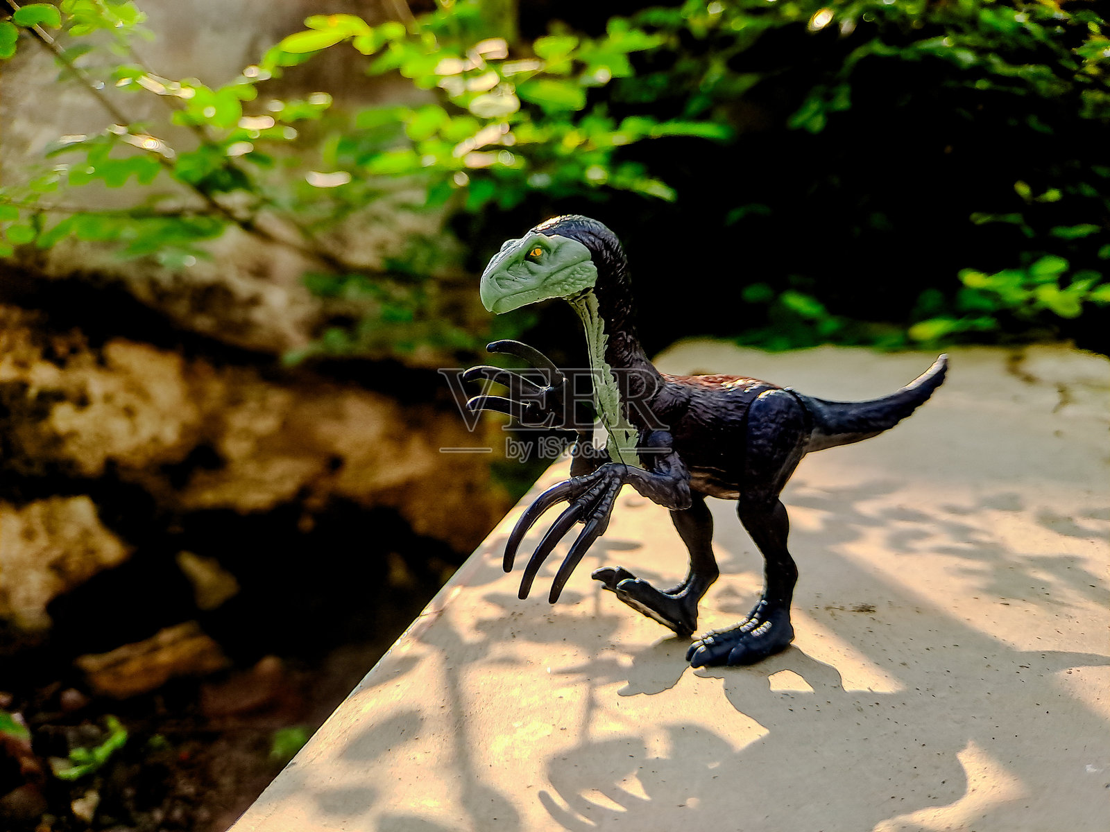 一张特写镜头展示了一只栩栩如生的恐龙玩具,置于木质表面上,背景是生机勃勃的绿色植物。这幅图像唤起了史前的奇妙感。照片摄影图片