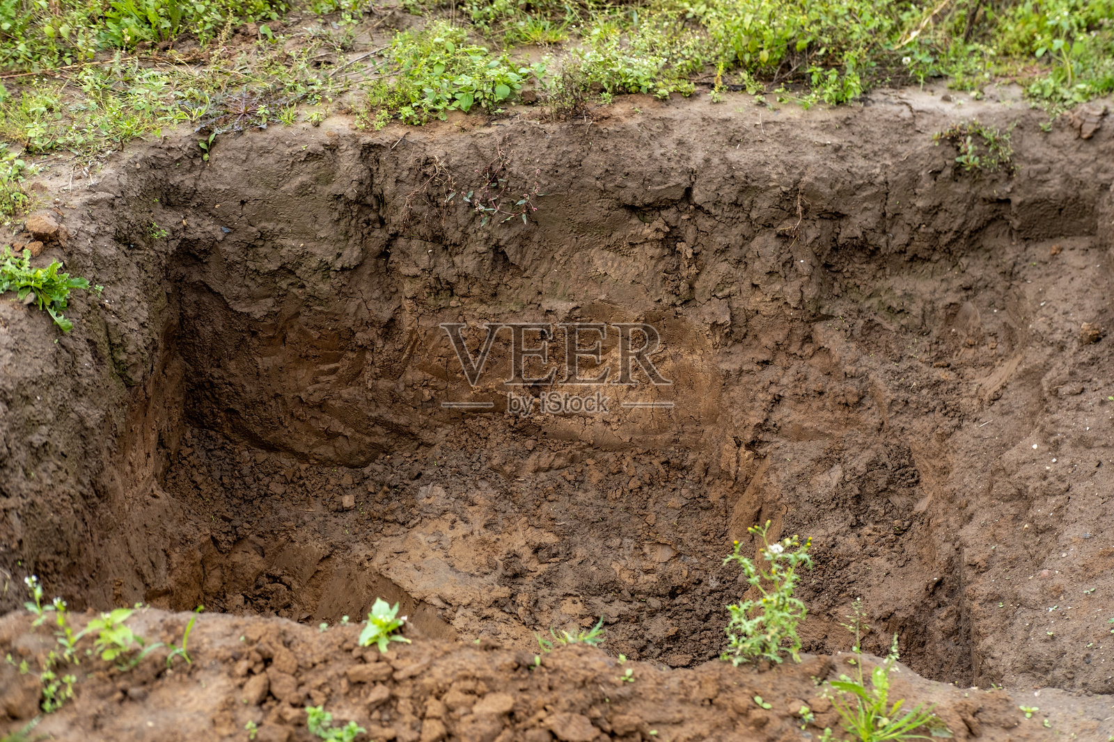 深挖土工地,展示地下公用设施维修的准备工作,青贮坑或墓地,基础工程准备照片摄影图片