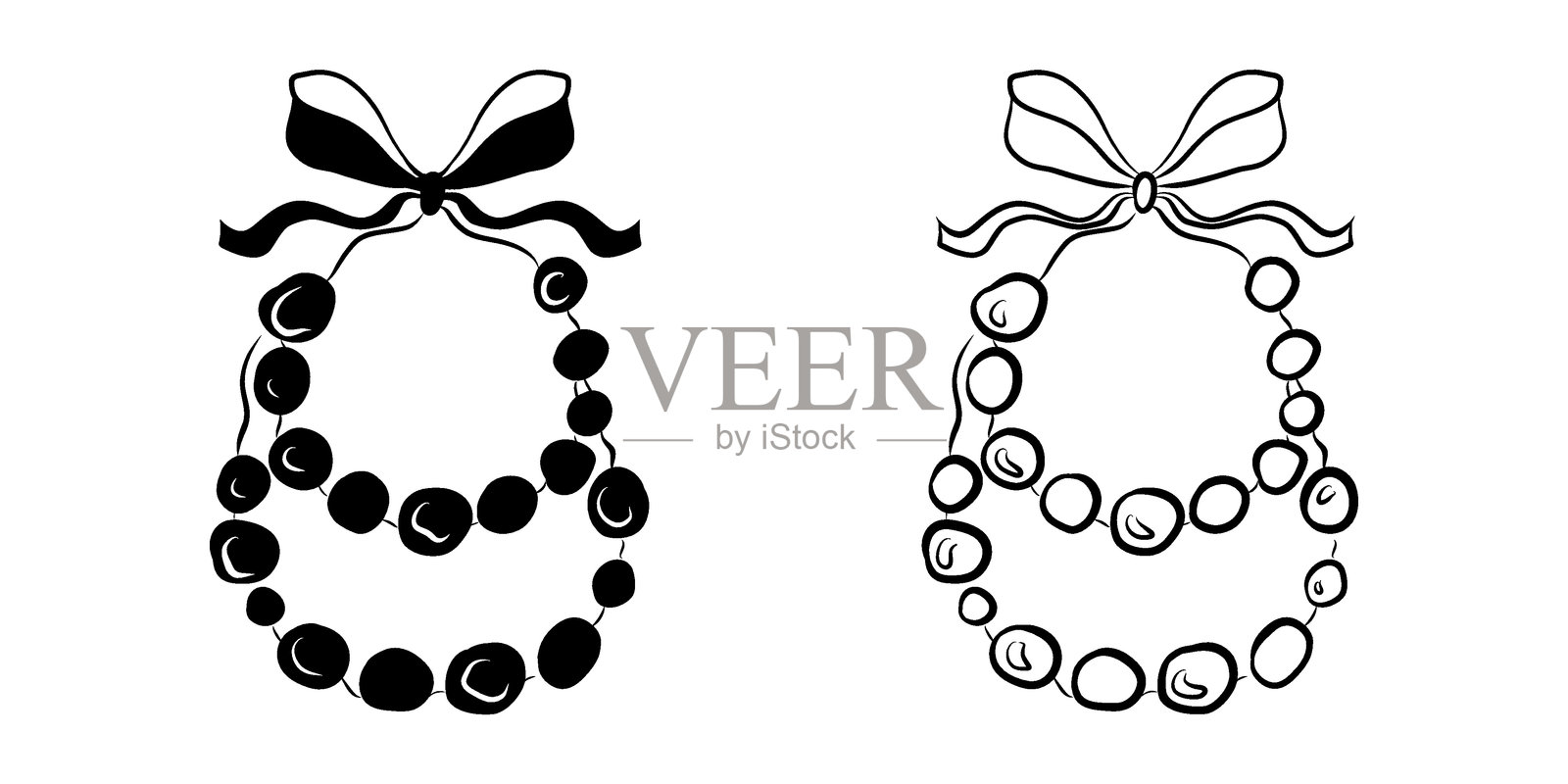 手绘奇幻珍珠项链插图,涂鸦,黑白色,带有系结蝴蝶结的项链插画图片素材