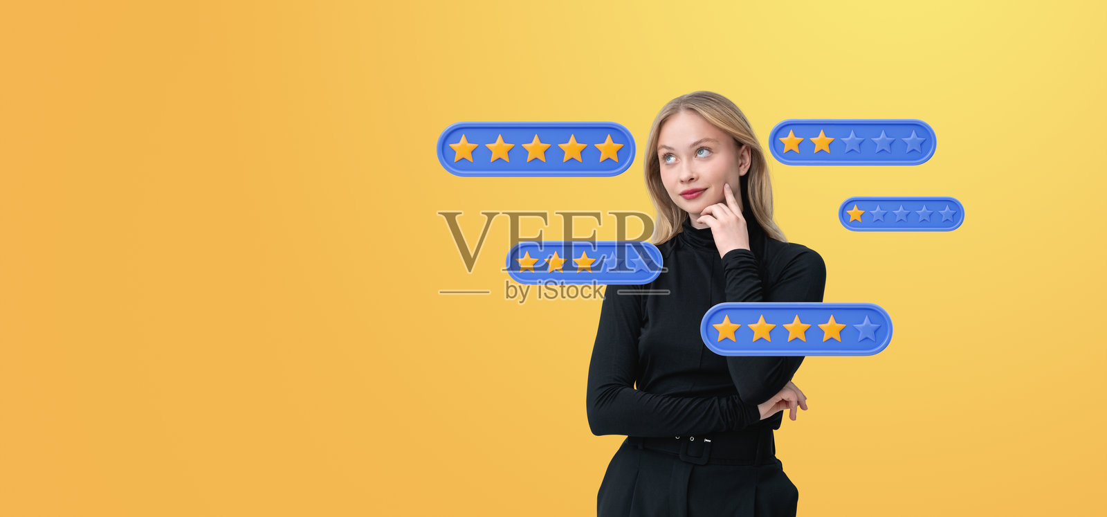 女人思考,周围漂浮着黄色星级评分图标照片摄影图片