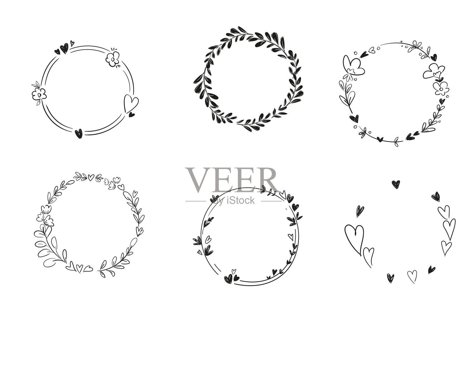 手绘墨水圆形框架套件,矢量设计模板。插画图片素材