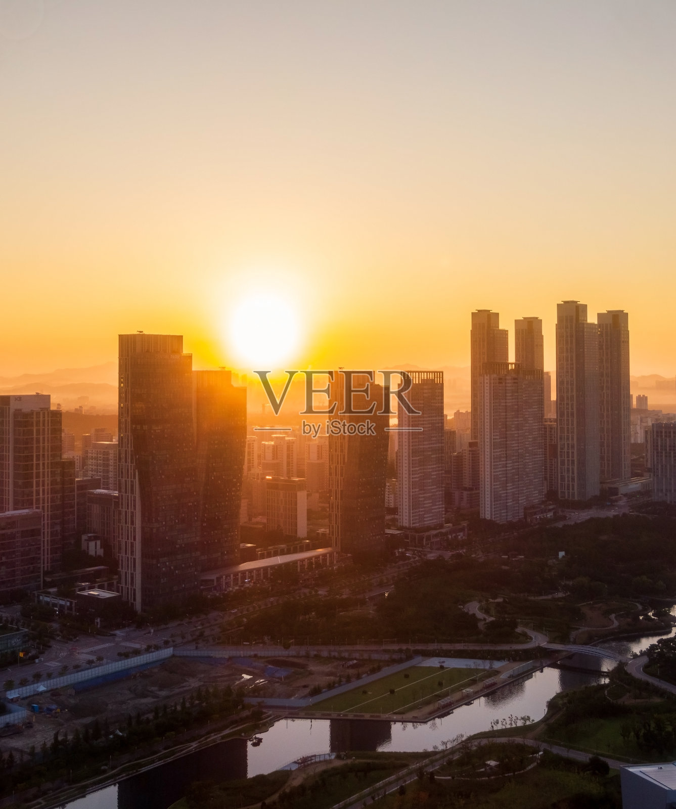 仁川延寿区松岛国际城市的日出照片摄影图片