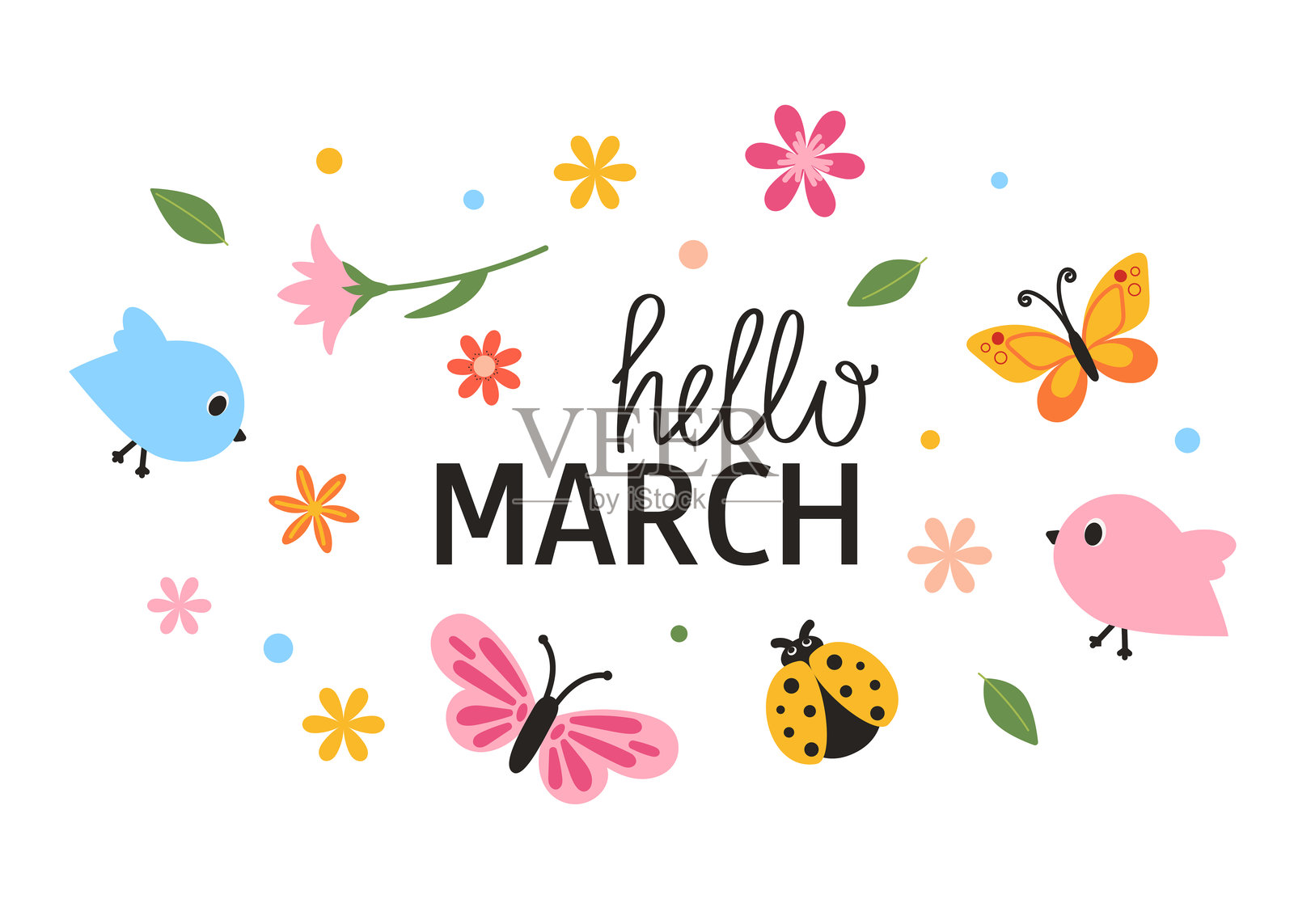 你好,三月字母短语。带有可爱设计元素的春季口号。插画图片素材