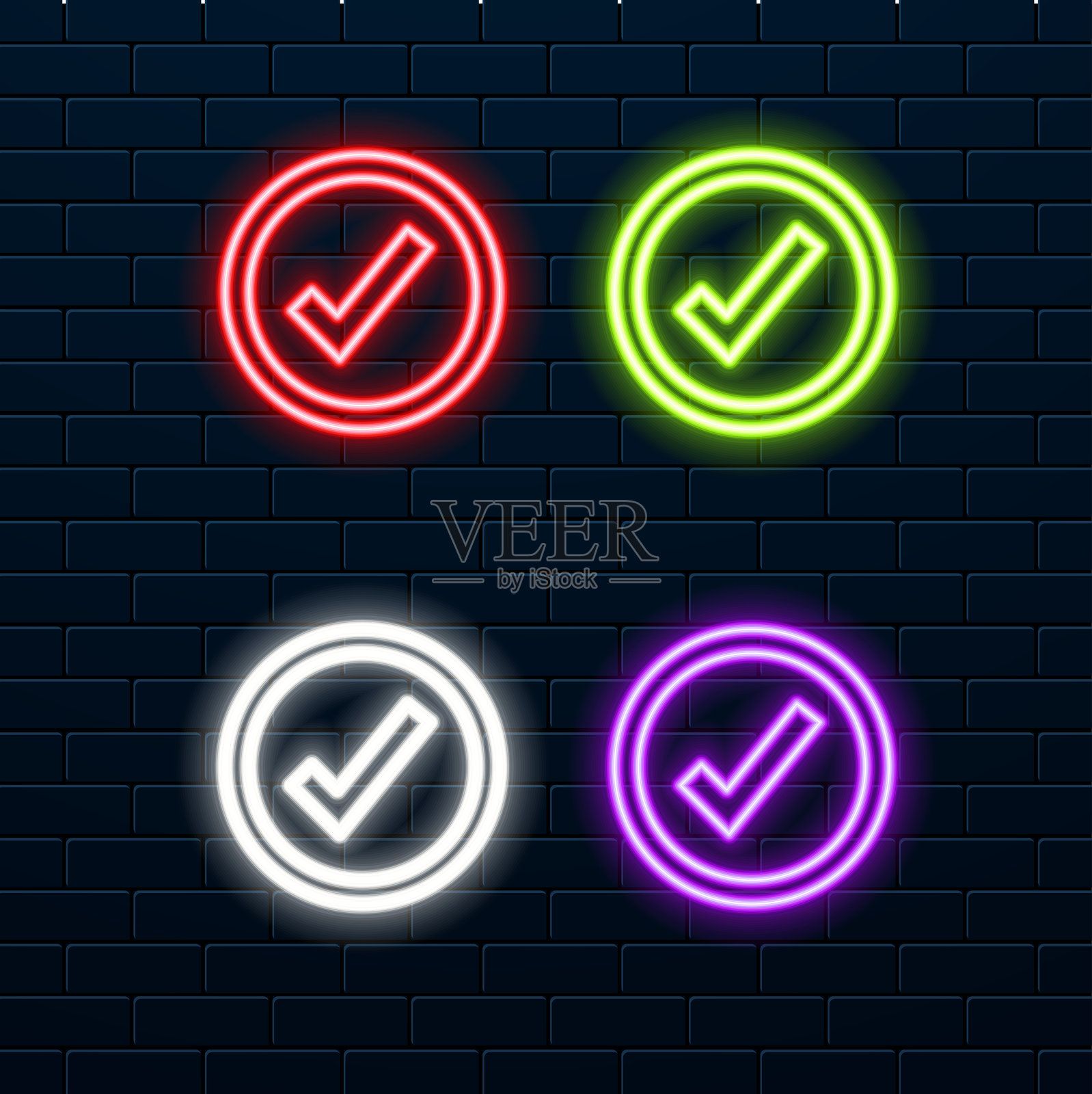 黑色背景上带有霓虹灯的圆形3D渲染UI检查图标插画图片素材