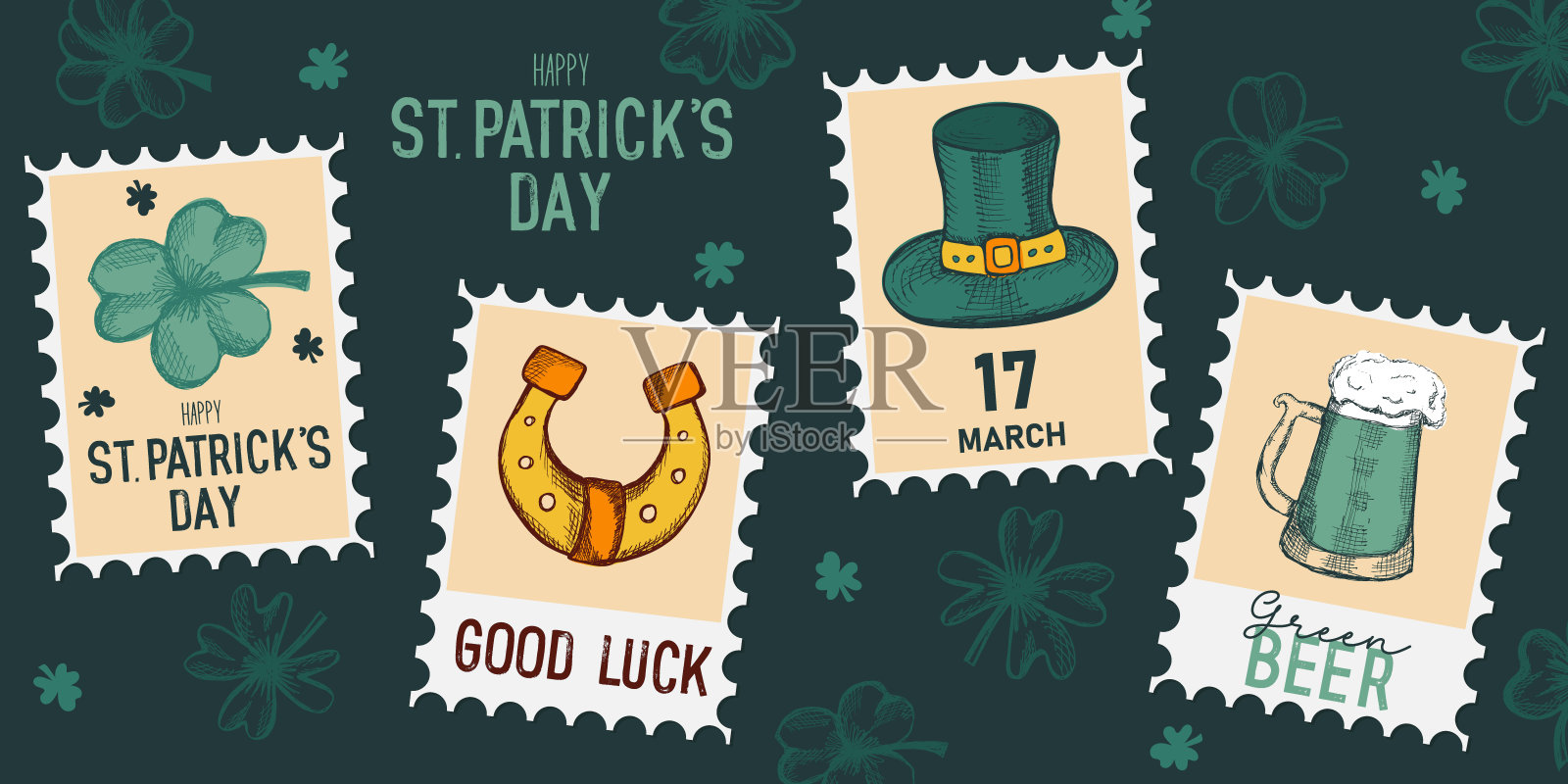 圣帕特里克节横幅,配有复古邮票。适合爱尔兰节日的时尚设计。矢量插图插画图片素材