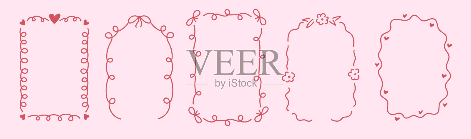 一组带有心形和花朵的波浪形锯齿框架。具有曲线和锯齿边缘的矩形形状。艺术线条元素。扭曲的时尚Y2K轮廓。插画图片素材