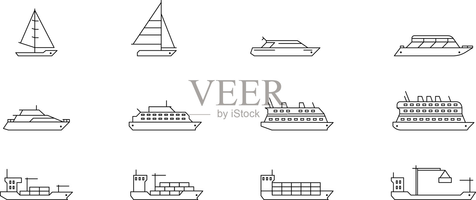 船只线条图标集。运输、航运或邮轮的象征。矢量插图。插画图片素材