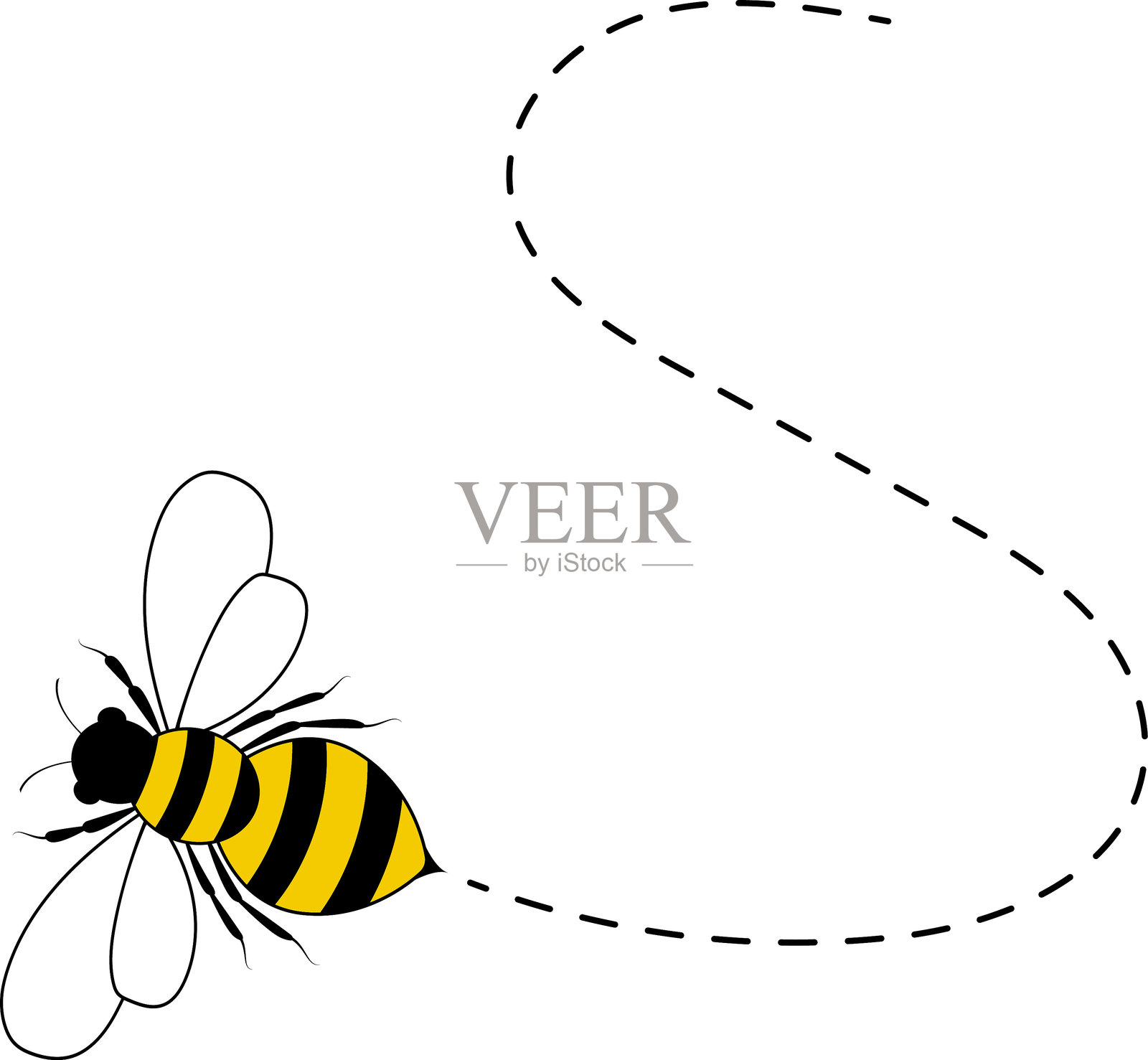 蜜蜂飞行路径。蜜蜂沿着虚线飞行。蜜蜂的飞行轨迹。蜜蜂在虚线路线飞行。手绘蜜蜂。矢量插图。插画图片素材