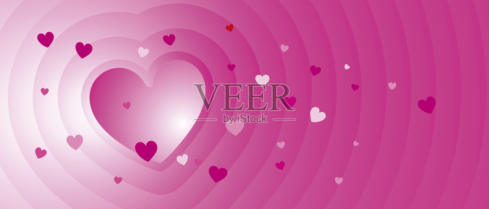 粉色洋红色心形混合图案的风景构图背景,上面有许多恋爱心形。情人节、婚礼、爱情奢华装饰的抽象壁纸背景。插画图片素材