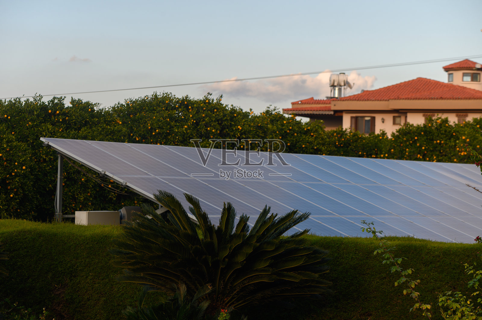 阳光明媚的天空下,太阳能电池板在郊区花园旁闪闪发光。照片摄影图片