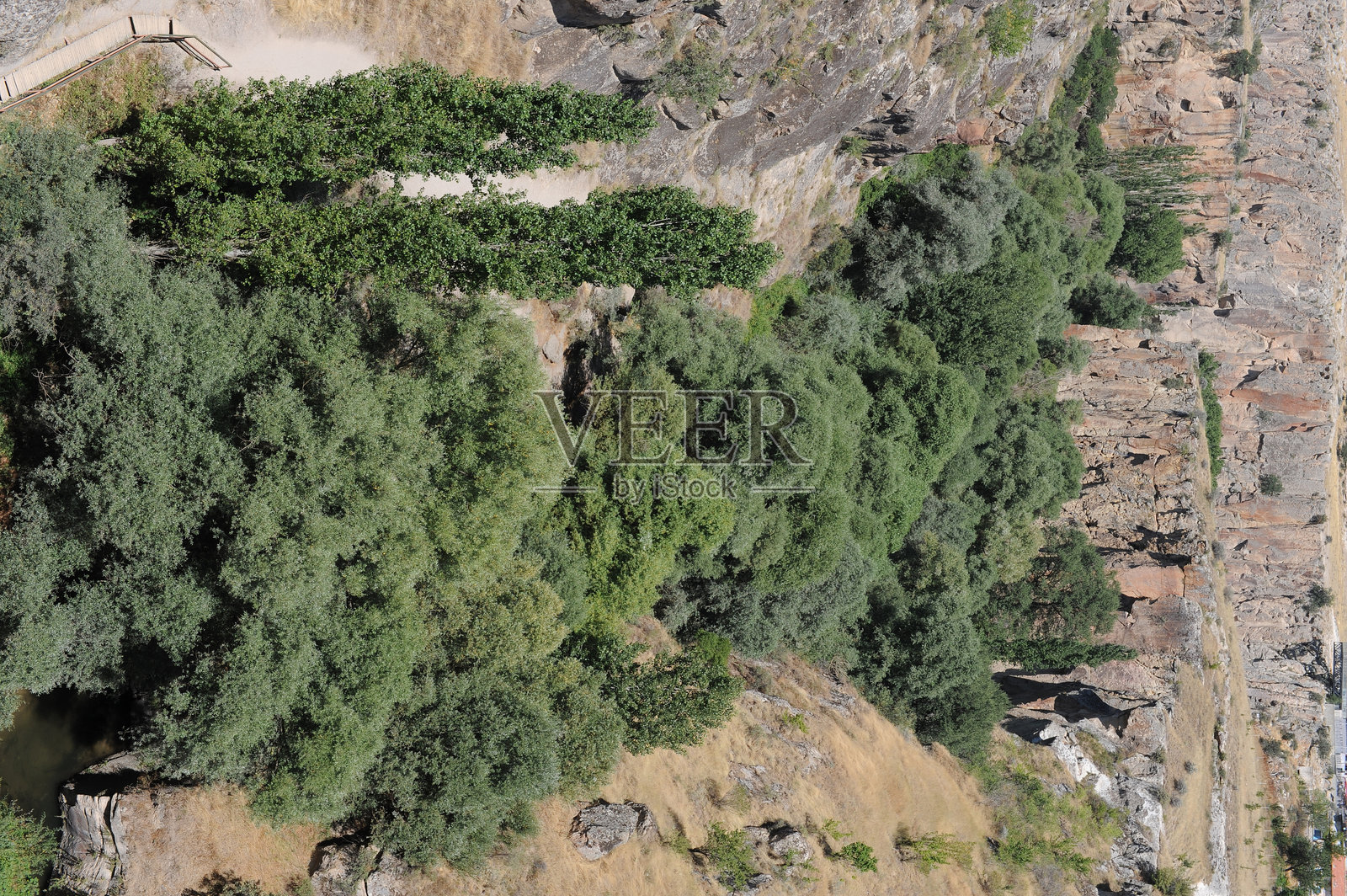 土耳其卡帕多奇亚的伊赫拉拉峡谷,夏季阳光明媚,高耸的岩石和绿树成荫。照片摄影图片