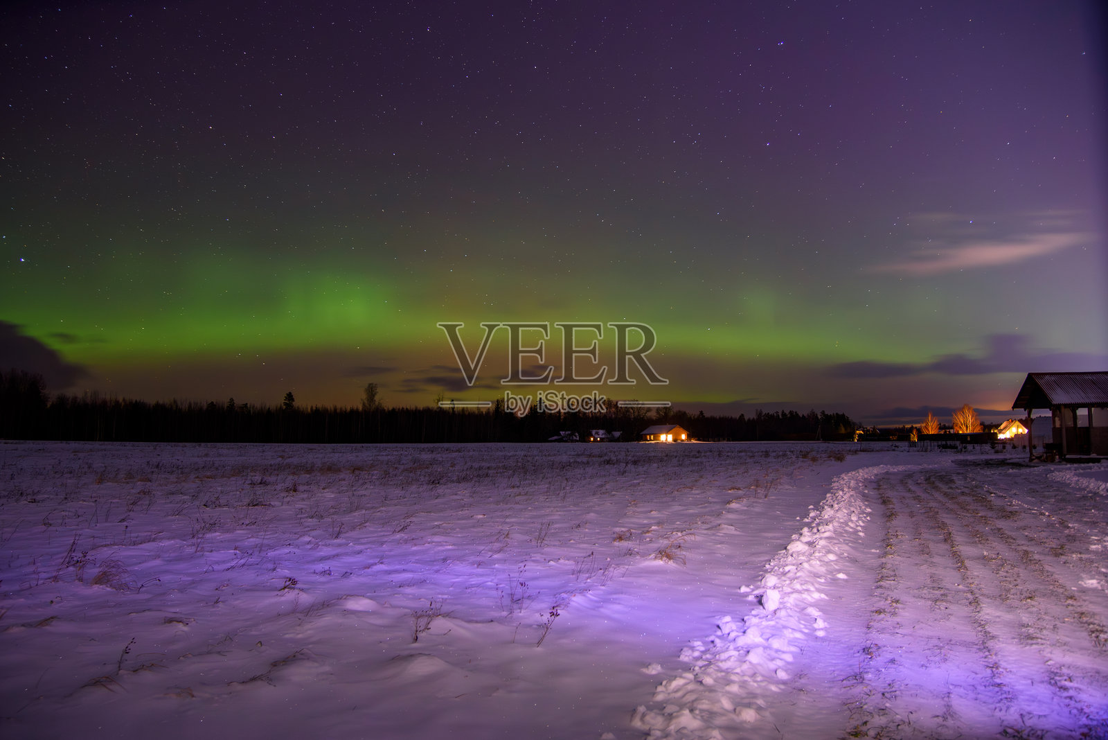 在生动的北极光下,雪-covered乡村景观,远处的房屋温暖地发光,星空呈现紫色。照片摄影图片