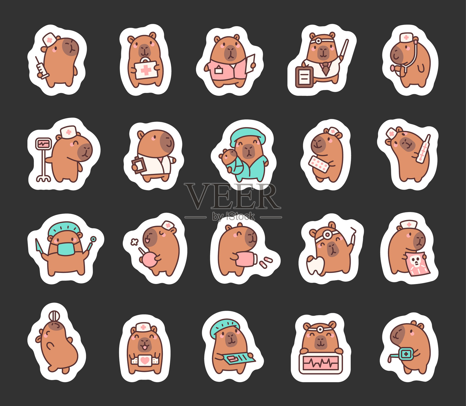 一组可爱的卡通风格的水豚医生和护士角色,扮演各种医疗角色,使用注射器、听诊器、温度计和药丸等工具,适合创意项目。插画图片素材