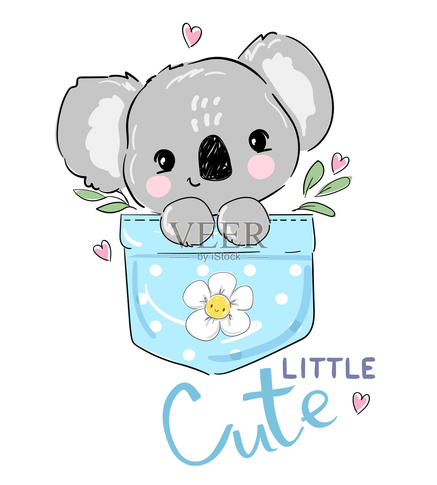 手绘插图的考拉,孤立在白色背景上。可爱的动物坐在口袋里,适合儿童印刷,幼儿园设计印刷。插画图片素材