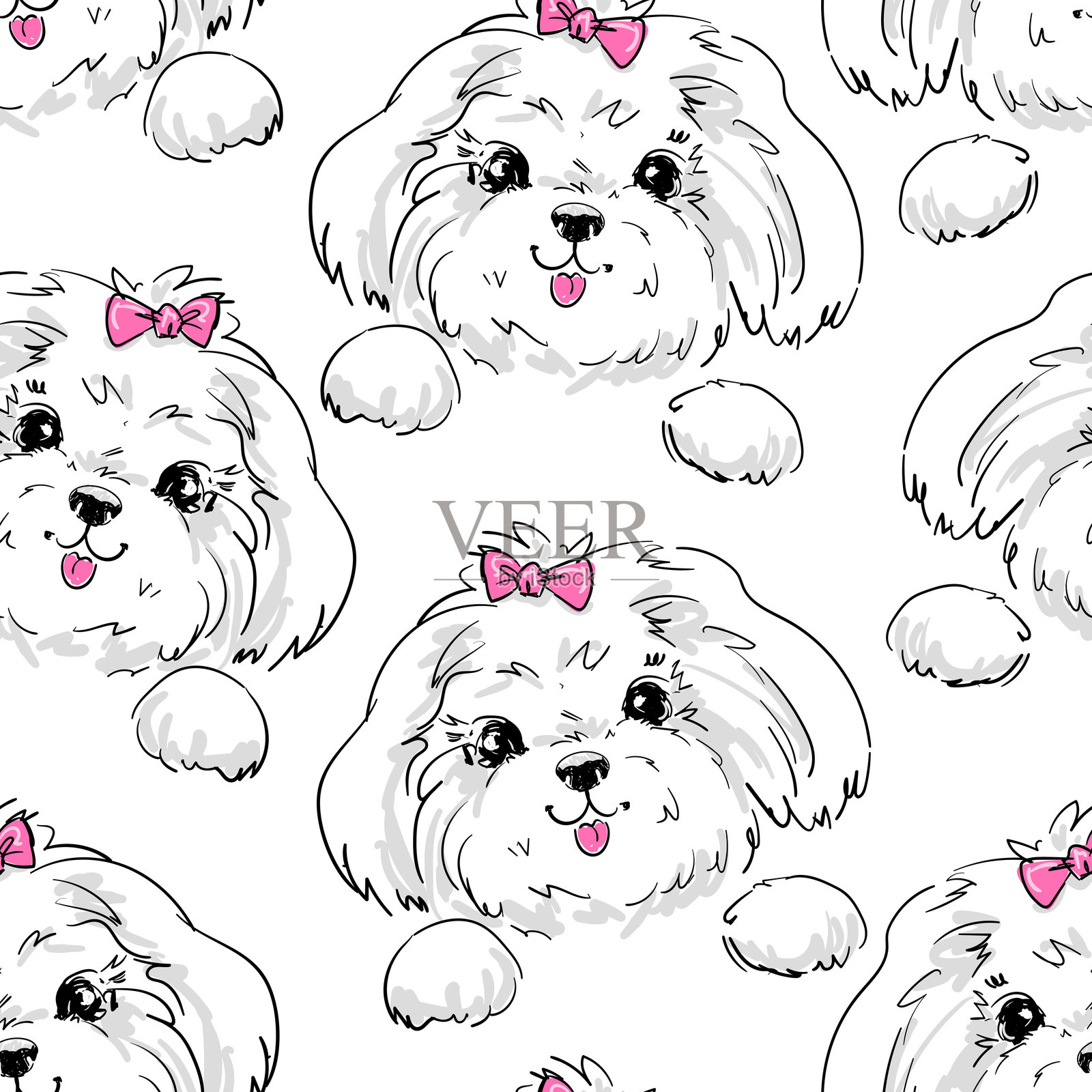 手绘可爱小狗和粉色蝴蝶结无缝图案矢量设计印刷插画图片素材