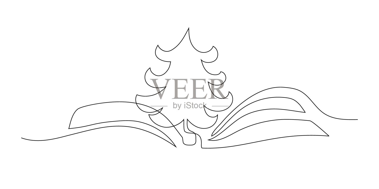 简约风格的树木线条画,背景是流动的自然元素插画图片素材