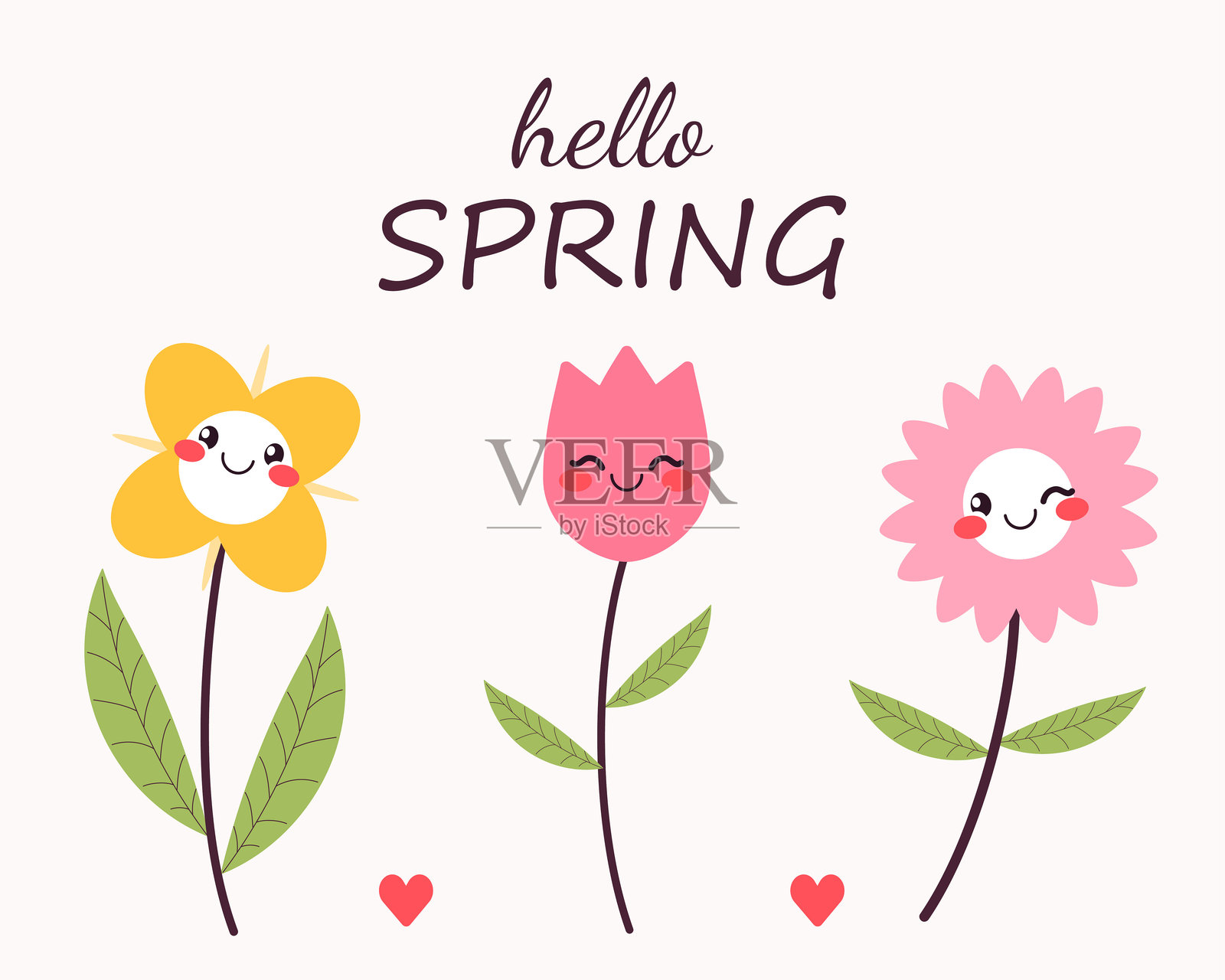 你好春天。与吉祥物花卉的组合插画图片素材