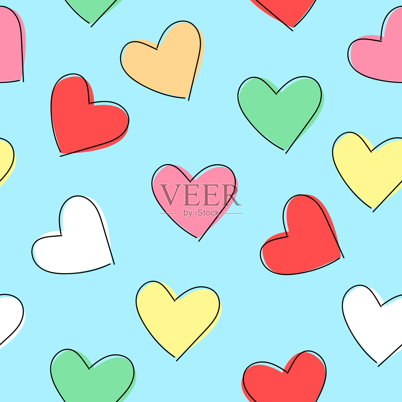 无缝图案,手绘可爱多彩心形矢量插图插画图片素材