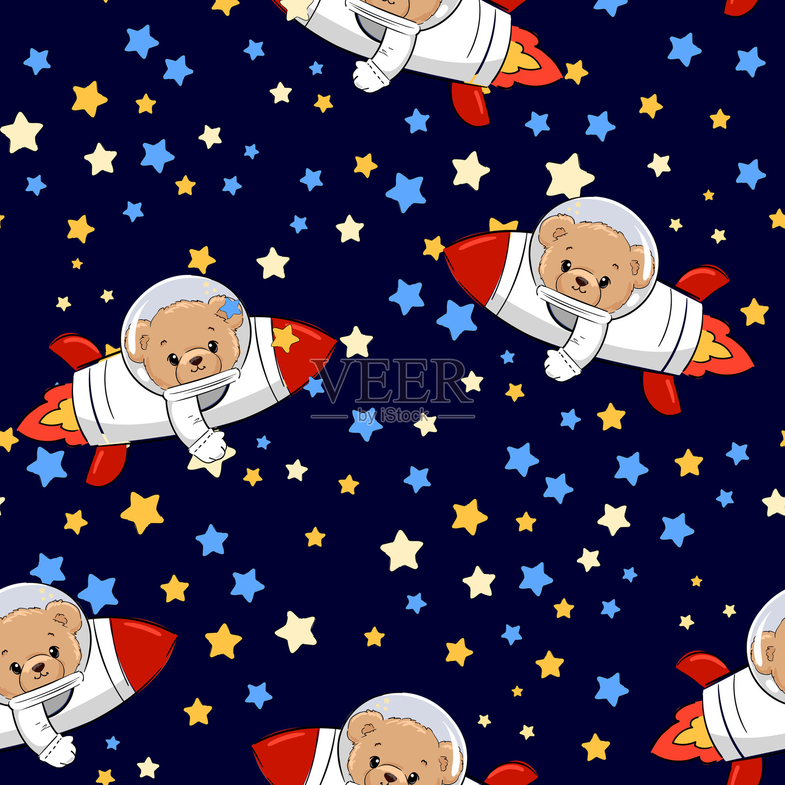 手绘无缝图案火箭插图与泰迪熊,儿童设计矢量图插画图片素材