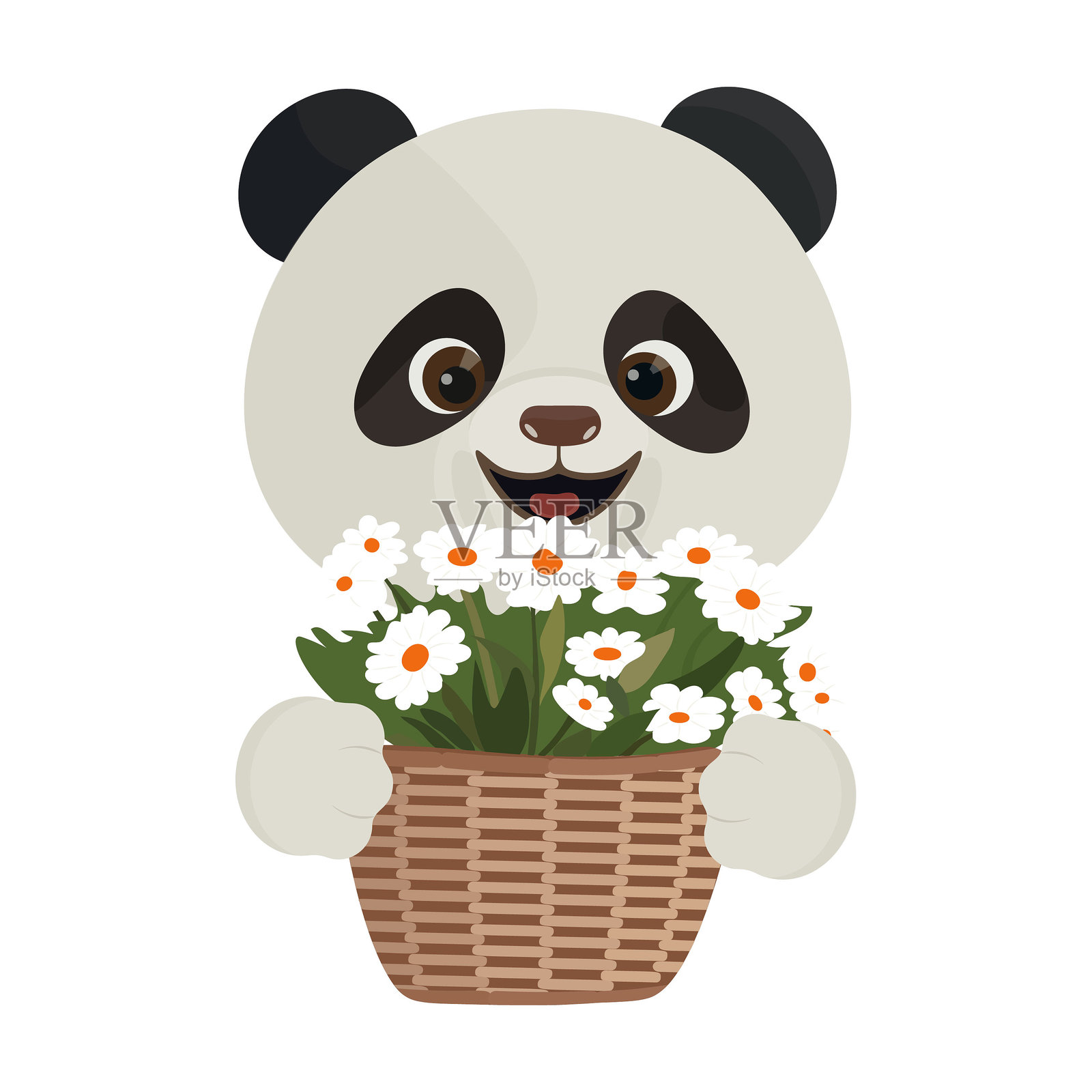 可爱的熊猫角色手持花篮,愉快地展示自然之美插画图片素材