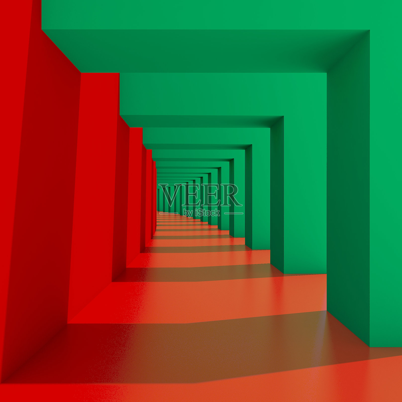 空荡荡的红色与绿色空间室内,阳光与阴影,3D渲染照片摄影图片