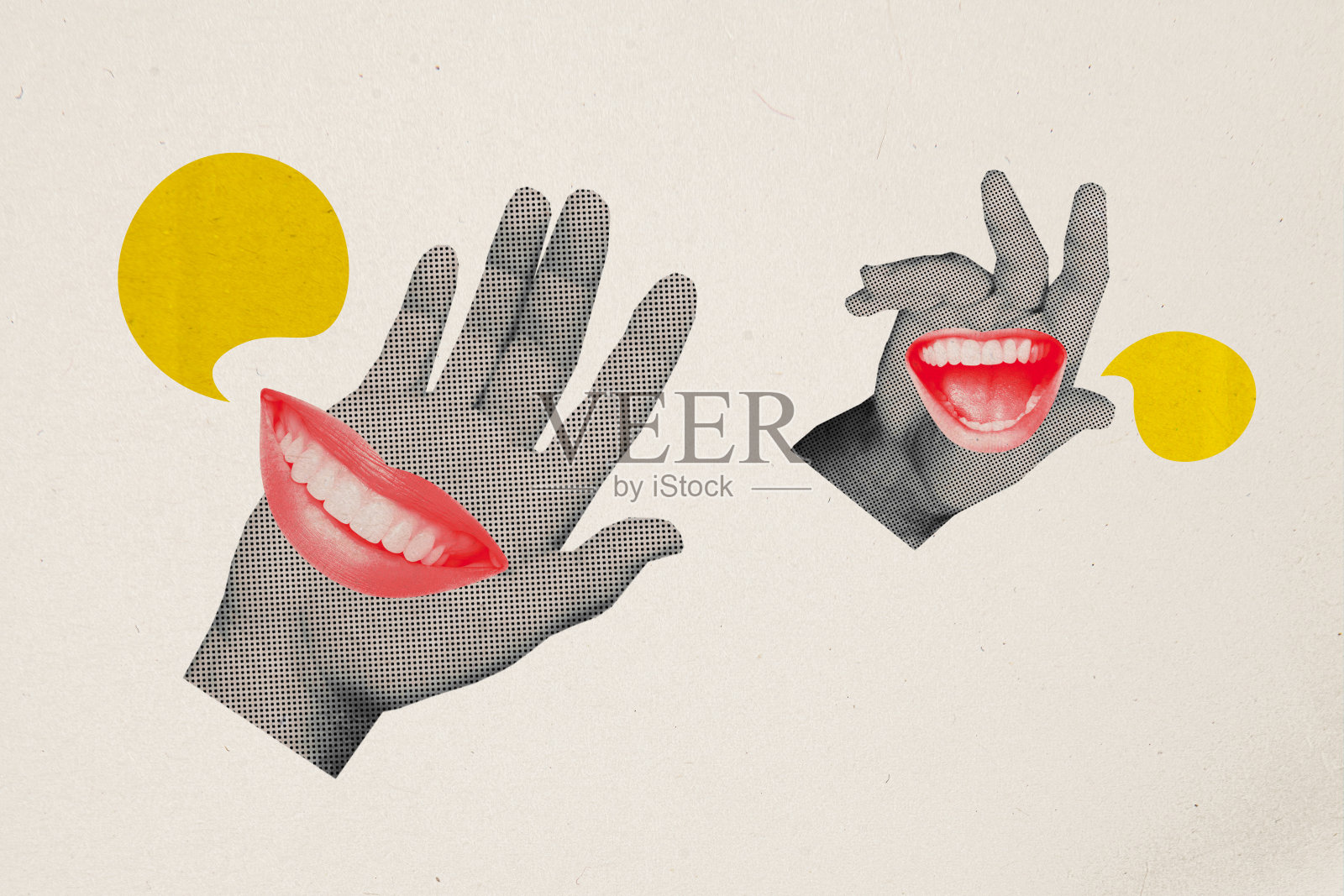 照片拼贴漫画,展示人类手臂、身体部位碎片、手掌和露齿微笑的嘴巴相互交流的语录。照片摄影图片