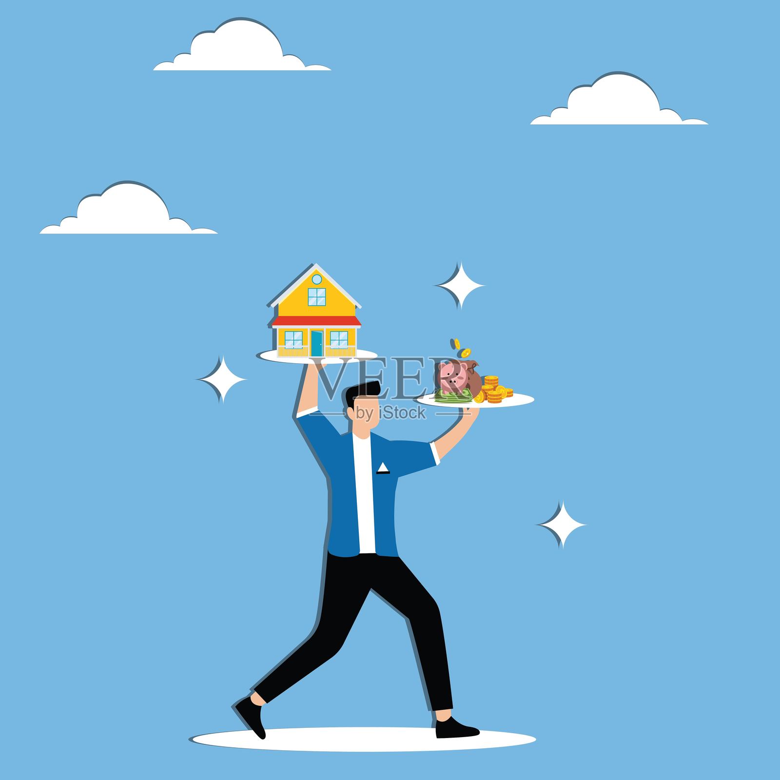 花费储蓄购房,房屋抵押贷款,房地产贷款,沉重的房地产债务,手握房子的商人与手握储蓄罐的人插画图片素材