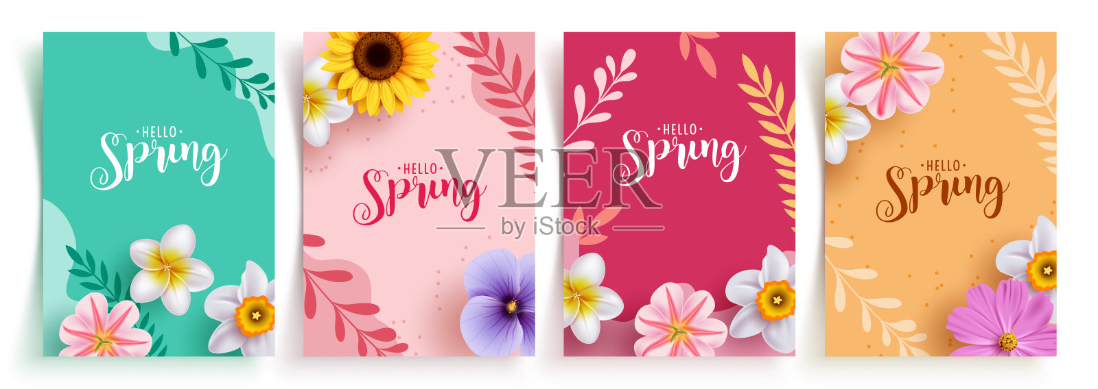 春季贺卡剪贴画海报套装。抽象多彩背景中的“你好,春天”文字,配有美丽的花朵和叶子。插画图片素材