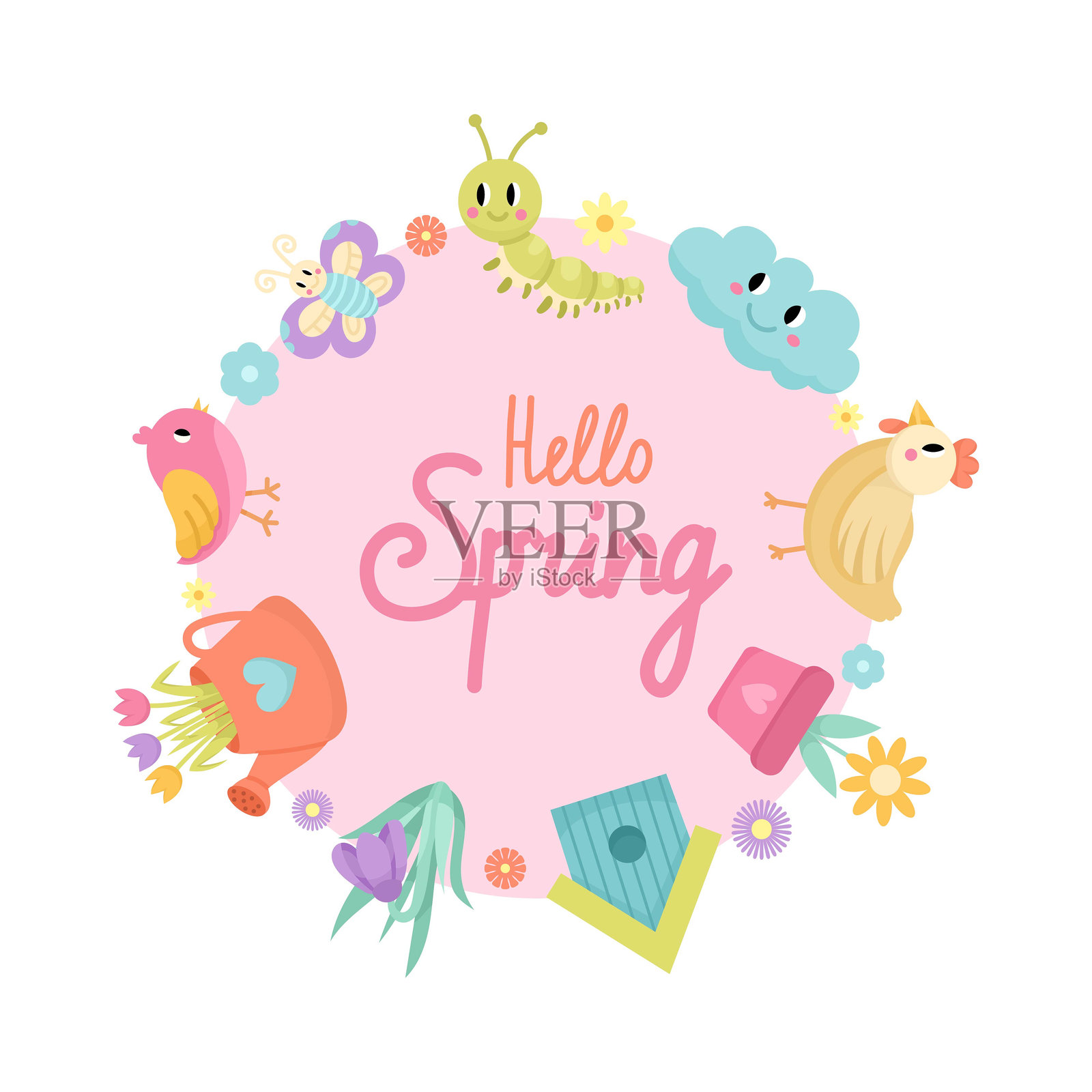 儿童框架,包含不同的春季元素 - 云朵、太阳、花朵、小鸟、可爱角色,柔和的色彩。春季和夏季的卡通矢量插图。插画图片素材