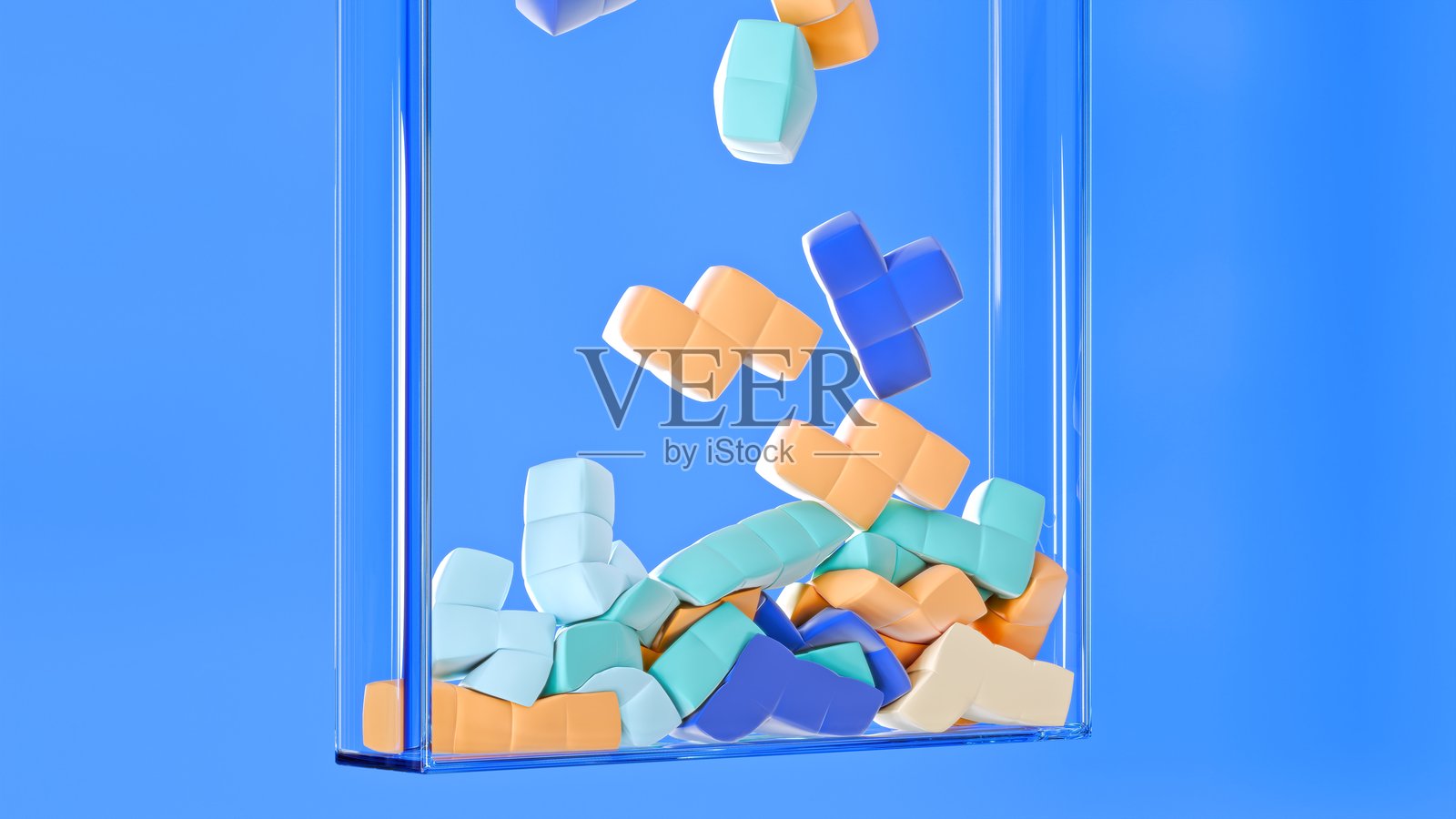 透明玻璃容器与掉落的多彩拼图块照片摄影图片