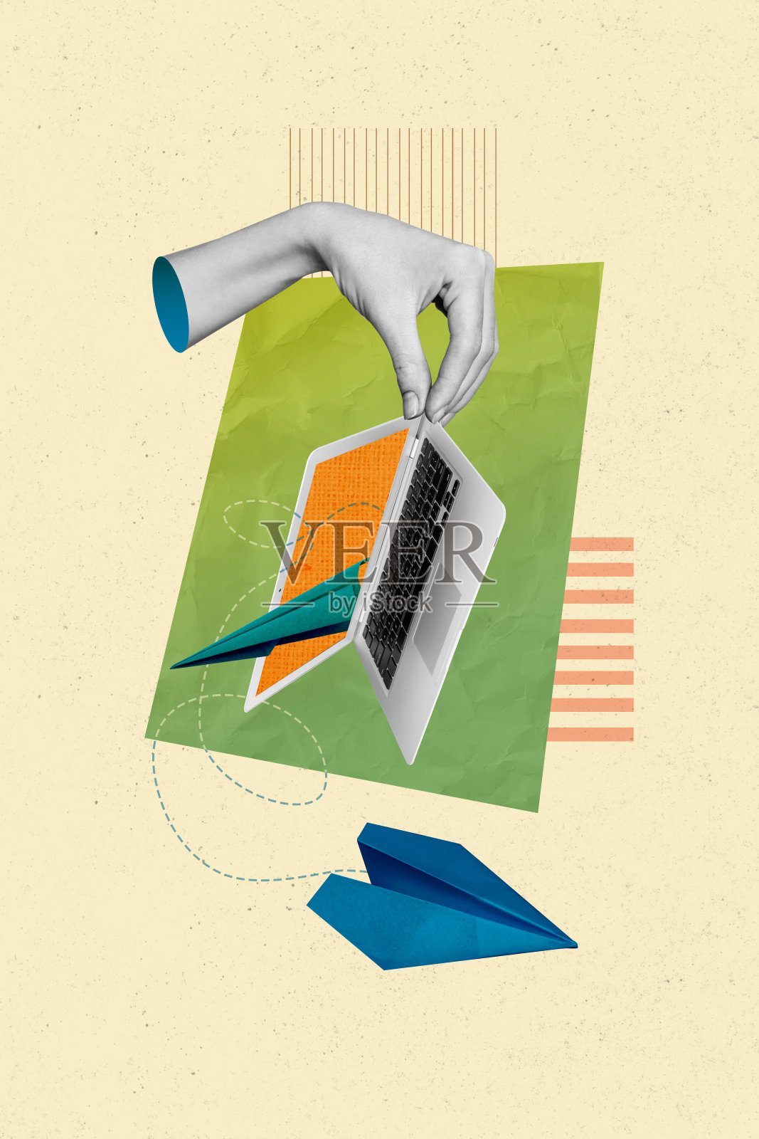 垂直创意拼贴画,人手持笔记本电脑,飞翔的纸飞机,屏幕显示发送消息应用,在线远程沟通照片摄影图片