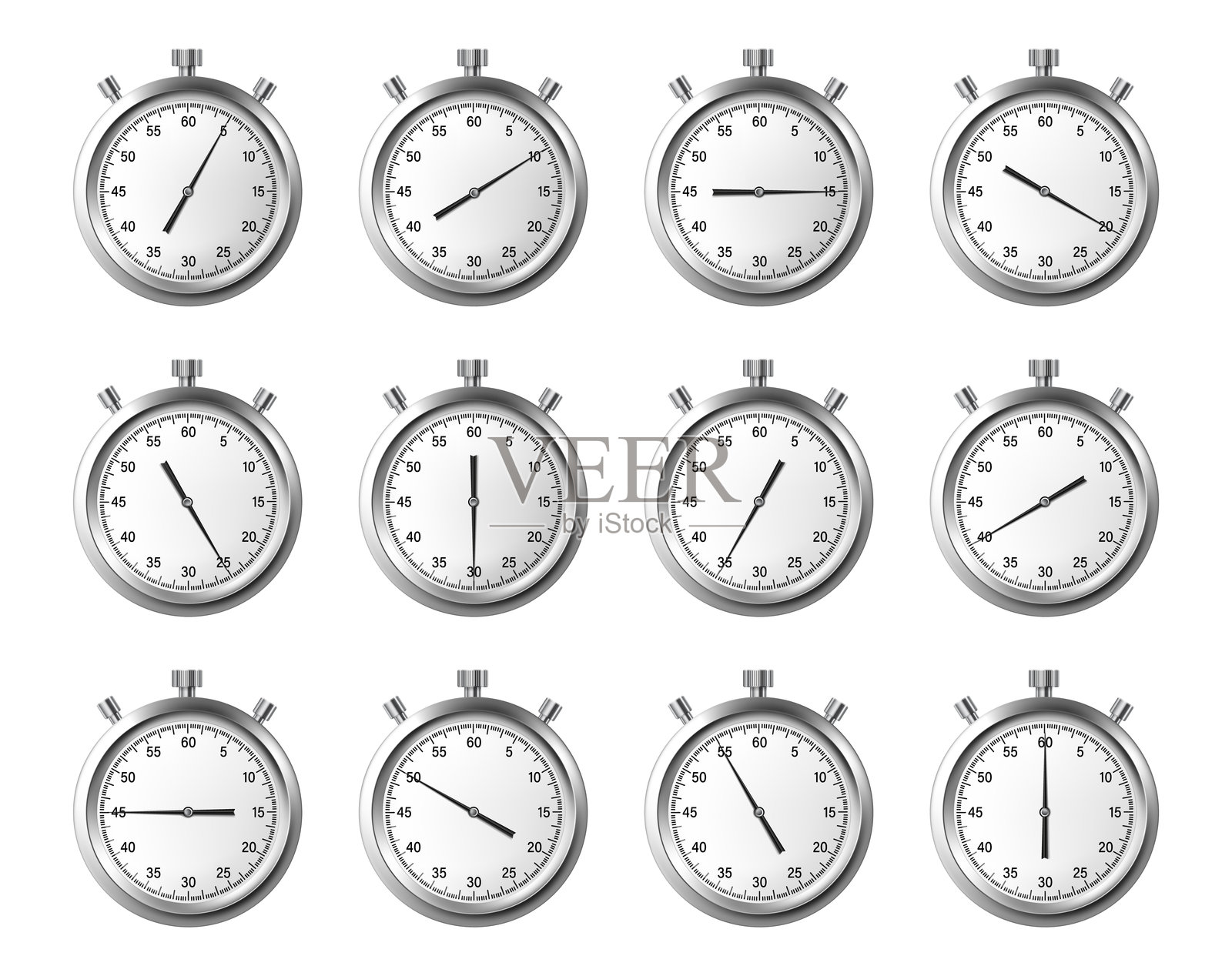 带表盘和按钮的秒表和计时器。矢量孤立的现实时钟测量精确的小时、分钟或秒。体育比赛设备。复古设计的怀表。插画图片素材