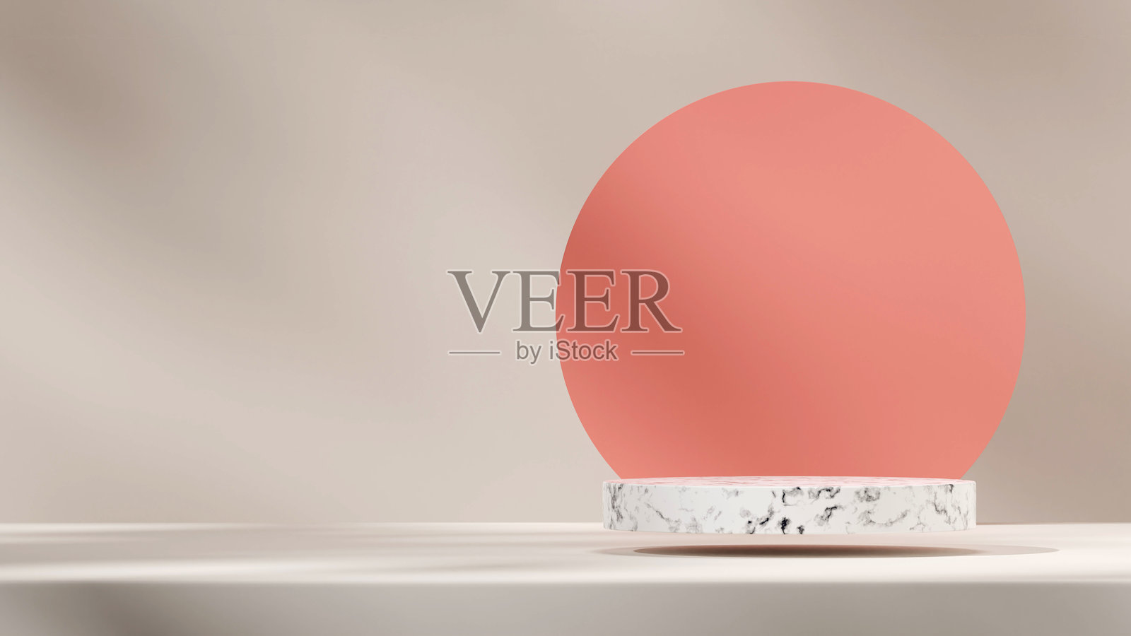 3D渲染的模板模型,展示大理石纹理的讲台,背景为白色墙壁和红色圆圈。照片摄影图片