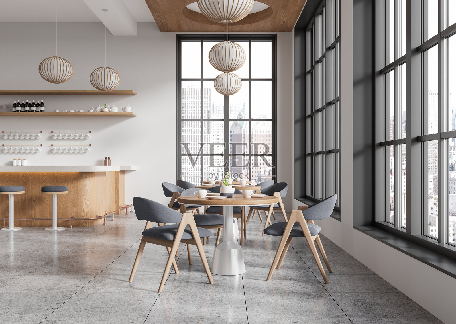 现代咖啡馆室内,配有木质家具和俯瞰城市景观的大窗户。极简设计,大型吊灯和吧台椅。3D渲染图。照片摄影图片