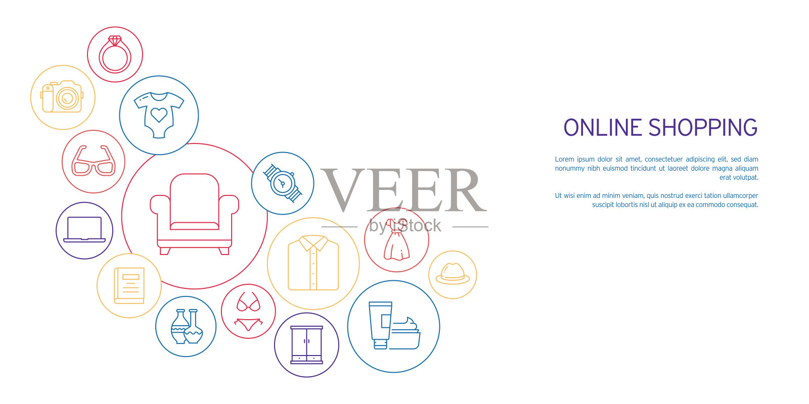 在线购物相关的矢量插图。互联网、产品、电子商务、购买、顾客、配送插画图片素材